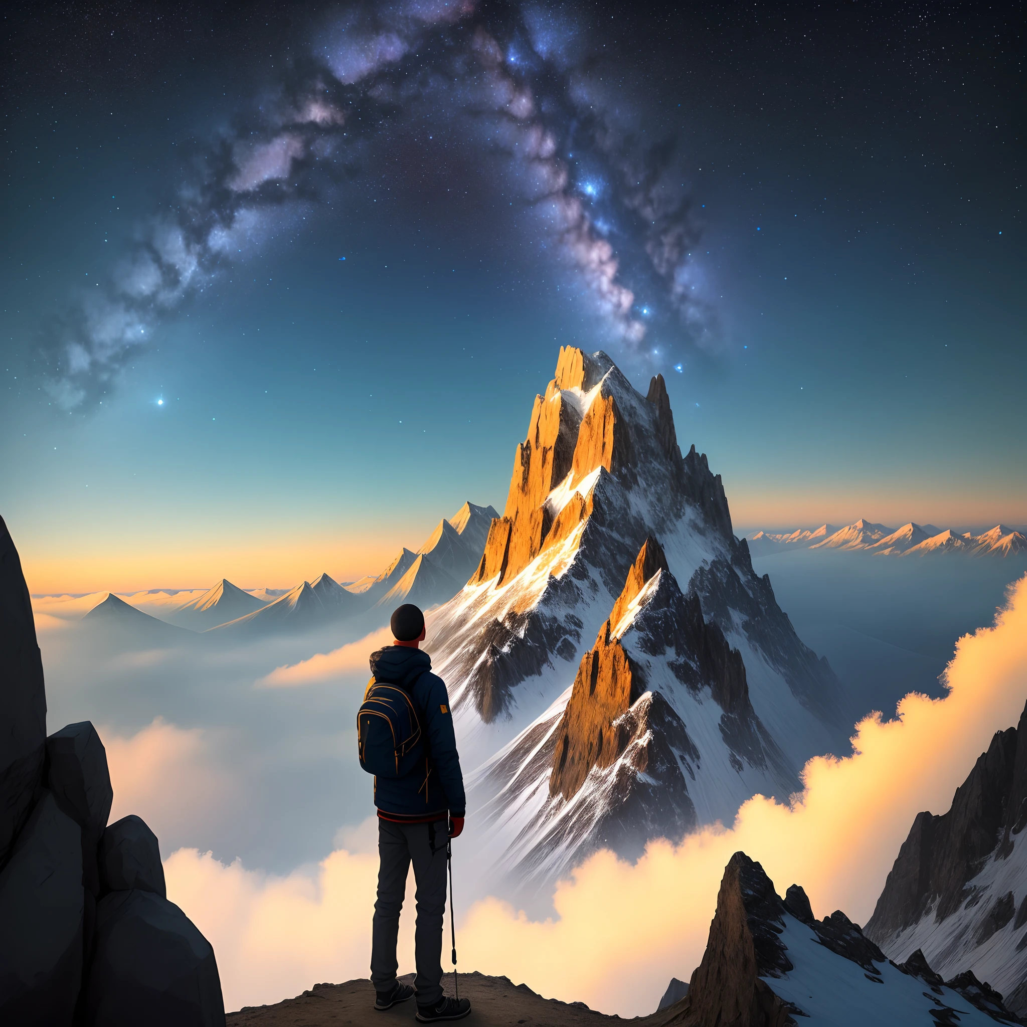 One person stood on the peak of the mountains and looked at the sky full of stars