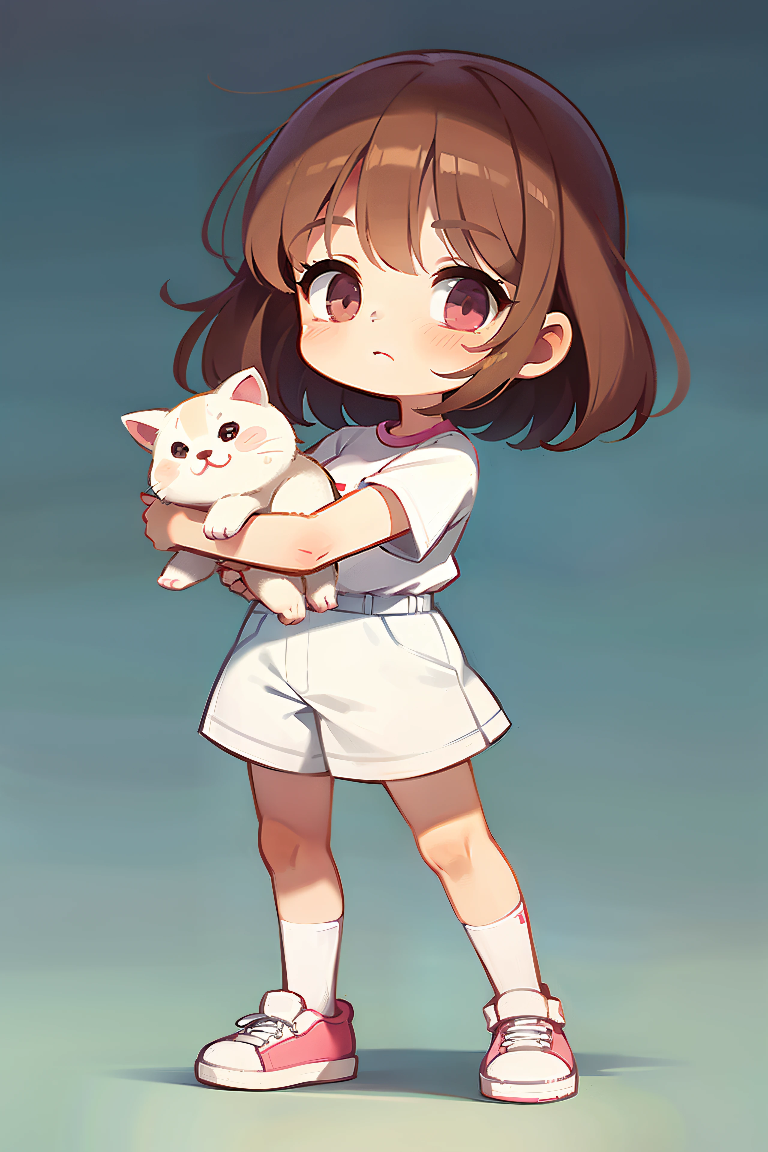 A three-year-old girl，Stand holding kittens，Cartoon image，Q version，Illustration style，white backgrounid，Brown hair，White top，Pink pants，White sneakers，Whole body diagram，multiple angle，Multiple Pose，