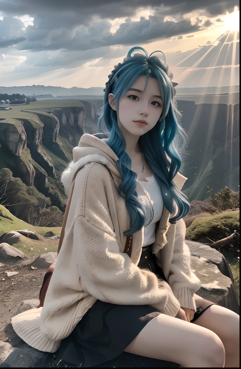 hilltop，Soft lighting，A ray of light in the morning sun，Dark clouds fill the distance，Beautiful peaceful natural landscape，teens girl，blue  hair，Long hair dragged on the ground，sitting at the edge of a cliff，Fluffy colorful fox tail