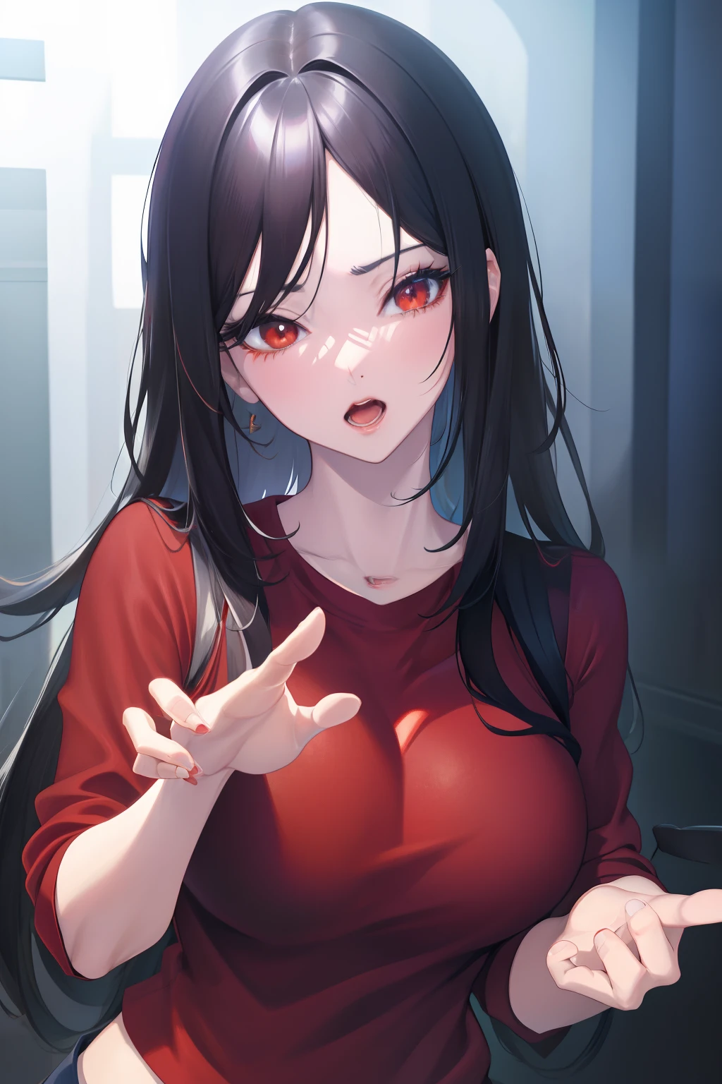 open open mouth，Black color hair，The upper body is wearing a red sweater, attractive anime girls, anime woman, Beautiful anime woman, Realistic anime 3 D style, seductive anime girls, female anime character, realistic anime artstyle, Smooth anime CG art, Digital anime illustration, beautiful and seductive anime woman, Beautiful anime girl,closeup of face，Do not show your hands