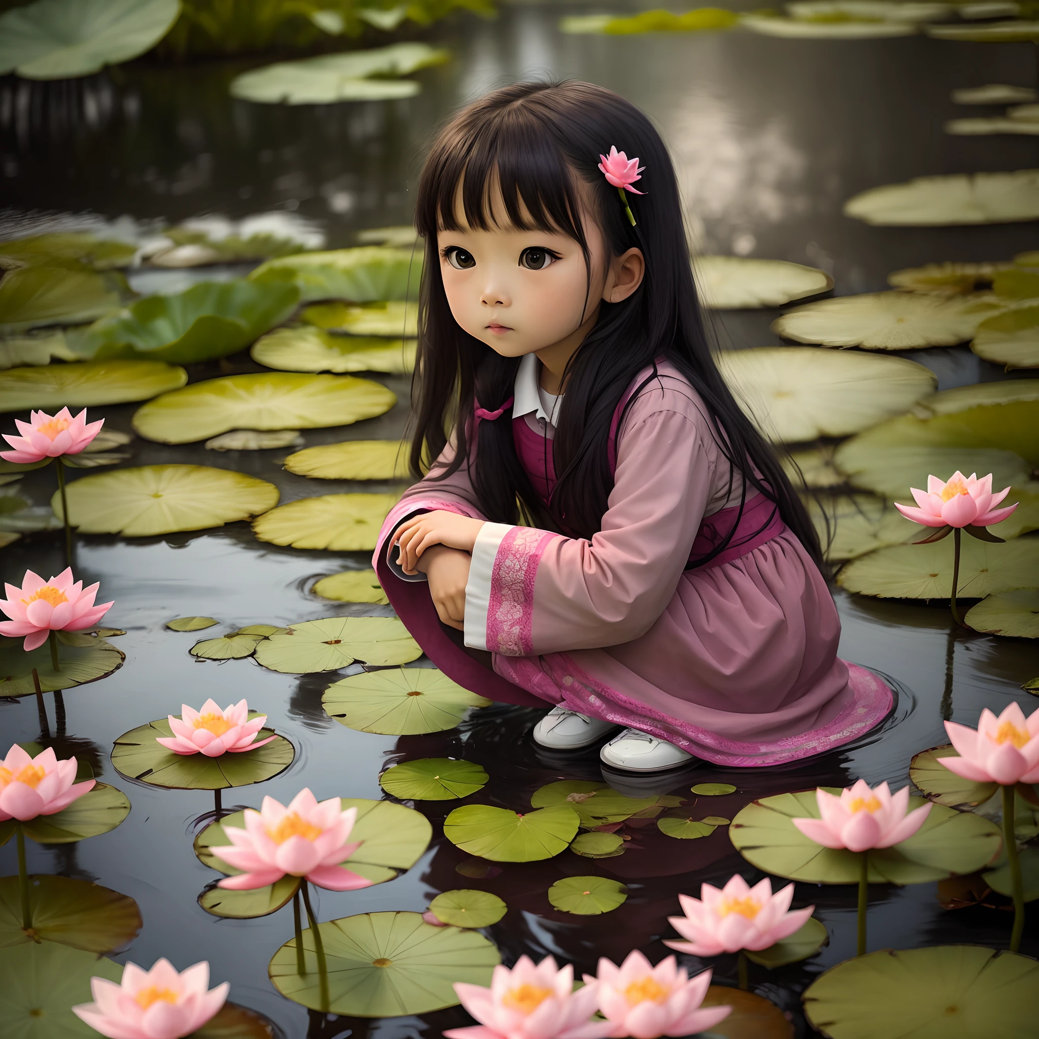  girl watching lotus flowers