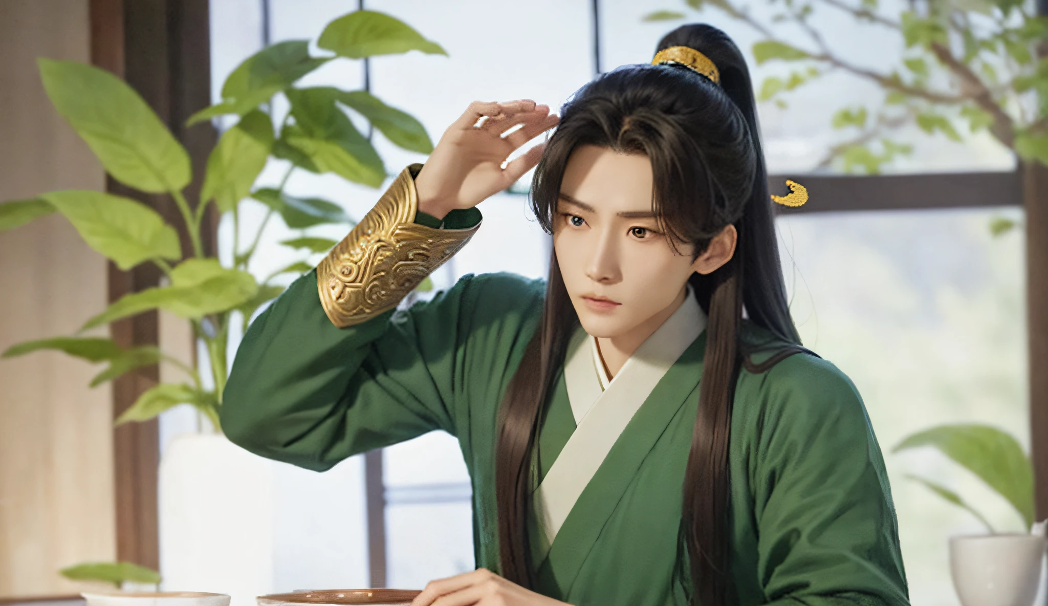 Close-up of a man in a green dress standing in the room, Inspired by Zhang Han, Cai Xukun, inspired by Wu Daozi, inspired by Gu An, Wuxia, Inspired by Seki Dosheng, xianxia hero, xianxia fantasy, heise jinyao, zhao yun, Inspired by Zhao Yuan