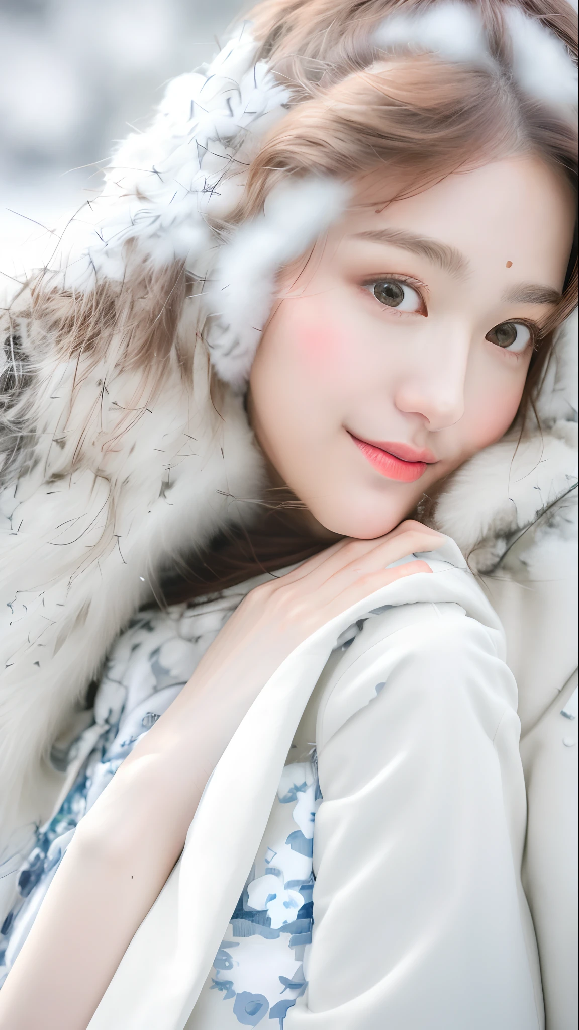 realistic photos of (1 cute Korean star) Shoulder-length hair, thin makeup, medium breasts size, wearing coat, in the snow, clear facial features, 8K high resolution, sharp and realistic details.from outside, Eye-Level Shot, f/4.0, 135mm, Fujifilm, jpeg artifacts, dithering, UHD, masterpiece