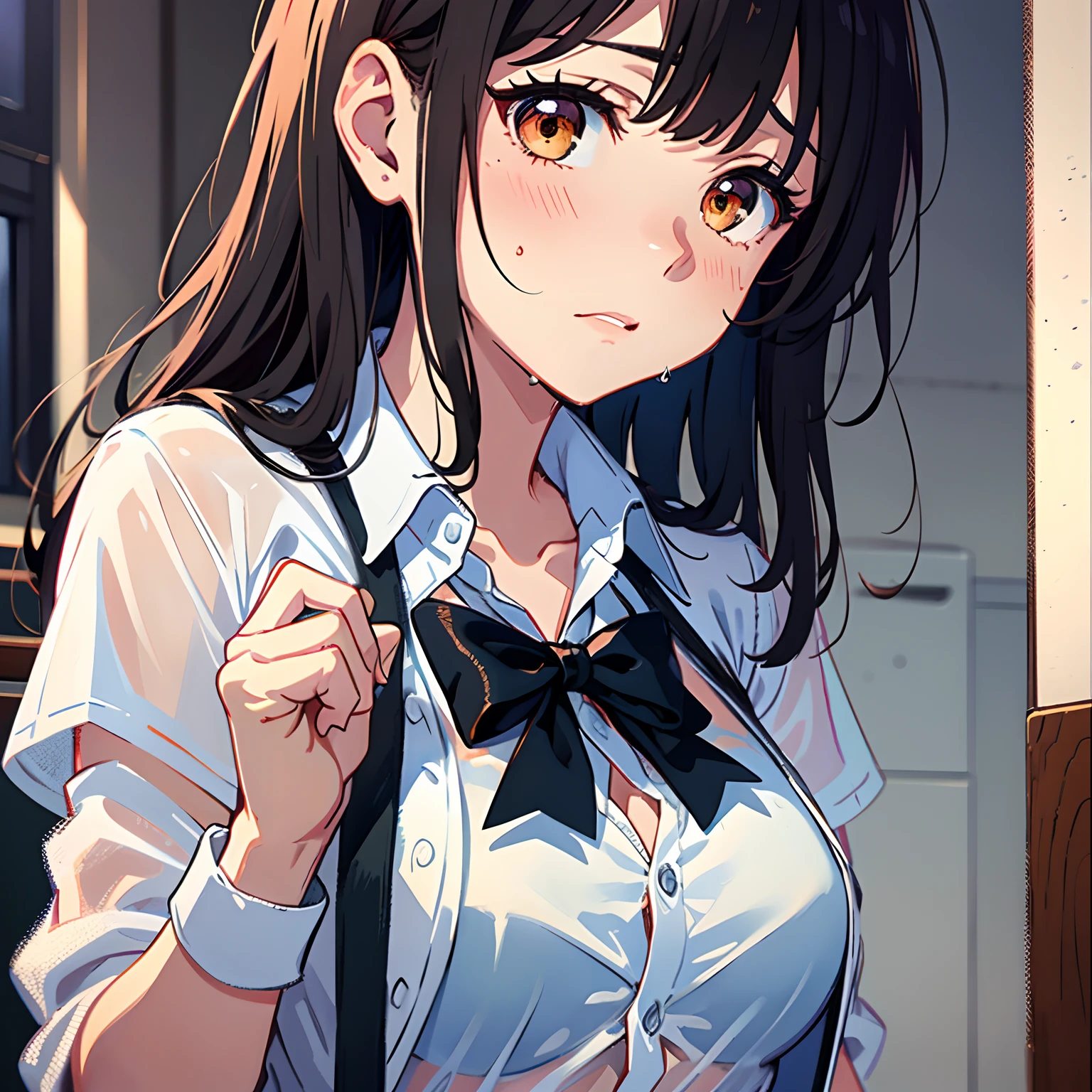 sister, wearing school uniform, wet and bra see-through, 8K, best quality, 14 years old, looking at camera, red cheeks, embarrassed, delicate hands, own room, fond brother, tsundere
