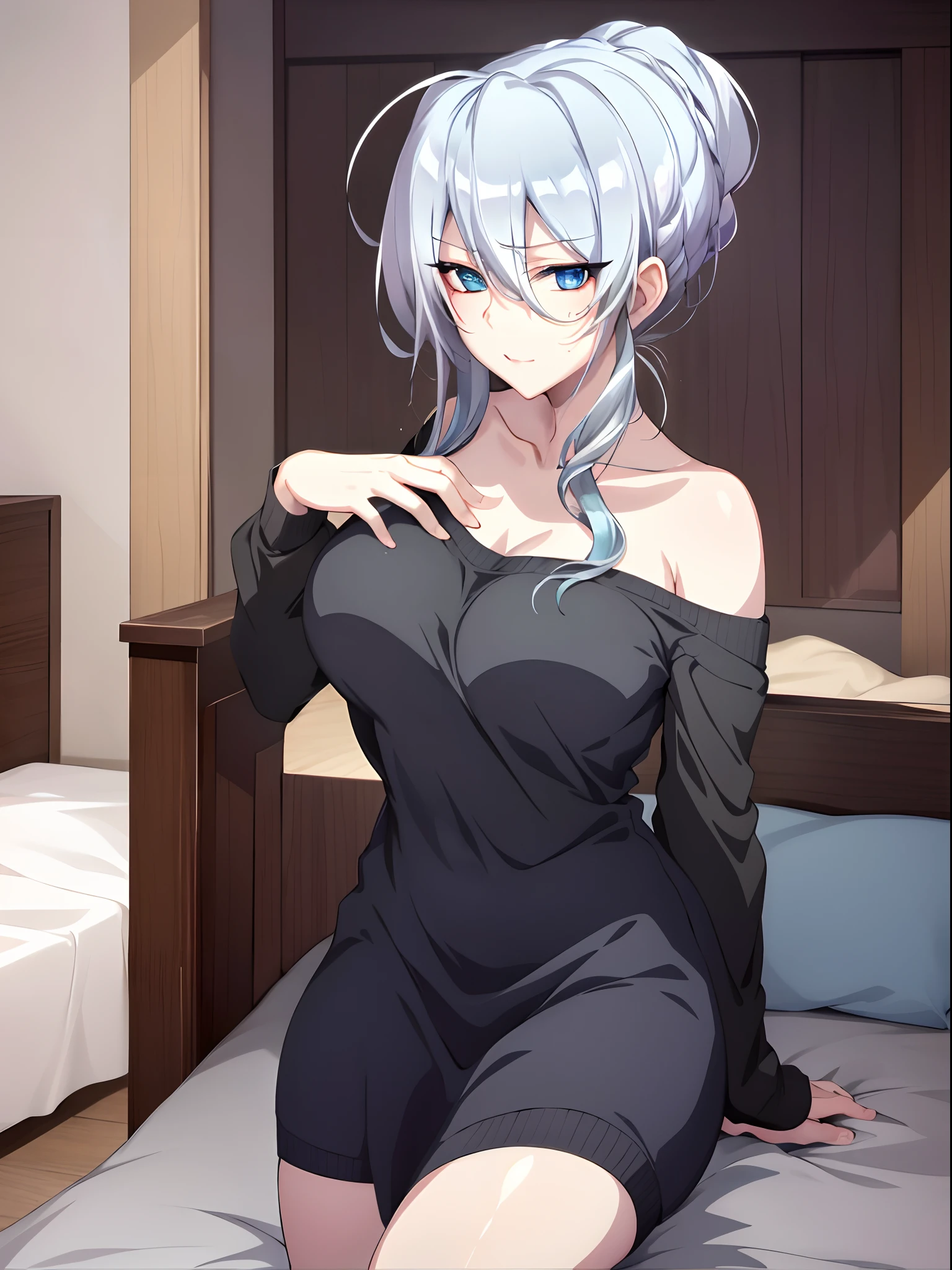 Best quality, 8k, in bed, silver hair and blue eyes, black shirt and no bra, anime visual of a cute girl, screenshot from the anime film, & her expression is solemn, in the anime film, in an anime, anime visual of a young woman, she has a cute expressive face, still from anime, big breast, red cheek, lustful face, fair skin