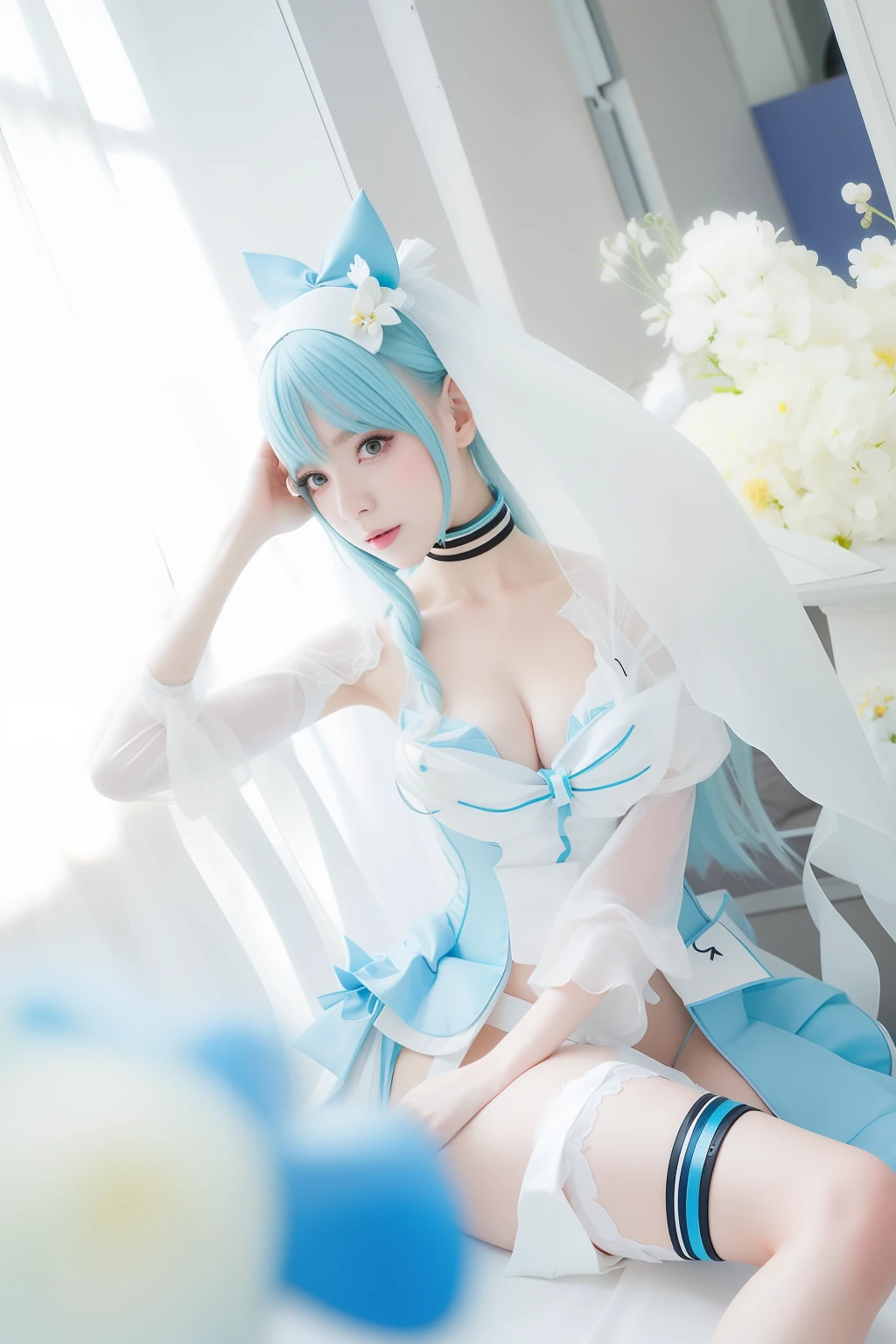 There is a woman wearing a white dress and blue accessories, Anime girl cosplay, cosplay, Anime cosplay, white cyan, Hatsune Miku cosplay, cosplay of a catboy! maid! dress, elegant glamourous cosplay, cosplay foto, rpgmaker, Gorgeous Role Play, azur lane style, Loli, Anime goddess, inspired by Leng Mei, Waifu, professional cosplay