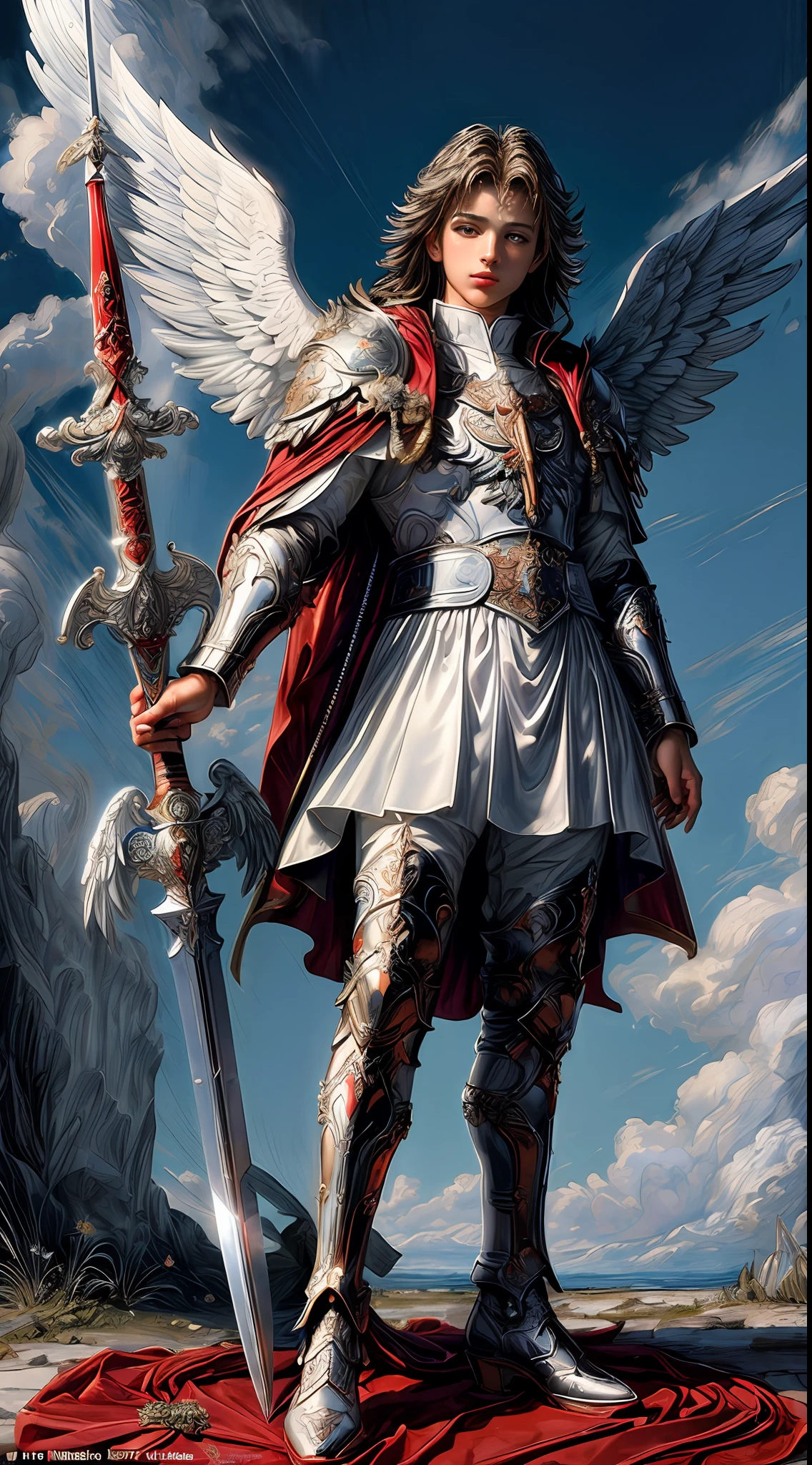 (masterpiece), (best quality), (ultra-detailed), (masterpiece:1.2), (best quality), (ultra-detailed),((full-body))A majestic Sticker of Saint Michael Archangel, with a white background, standing atop a sky of clouds, with a sword and Guido Reni inspired features, rendered in vibrant hues, white wings, clothes inspired in ancient Roman armor and a red cloak, perfect hands