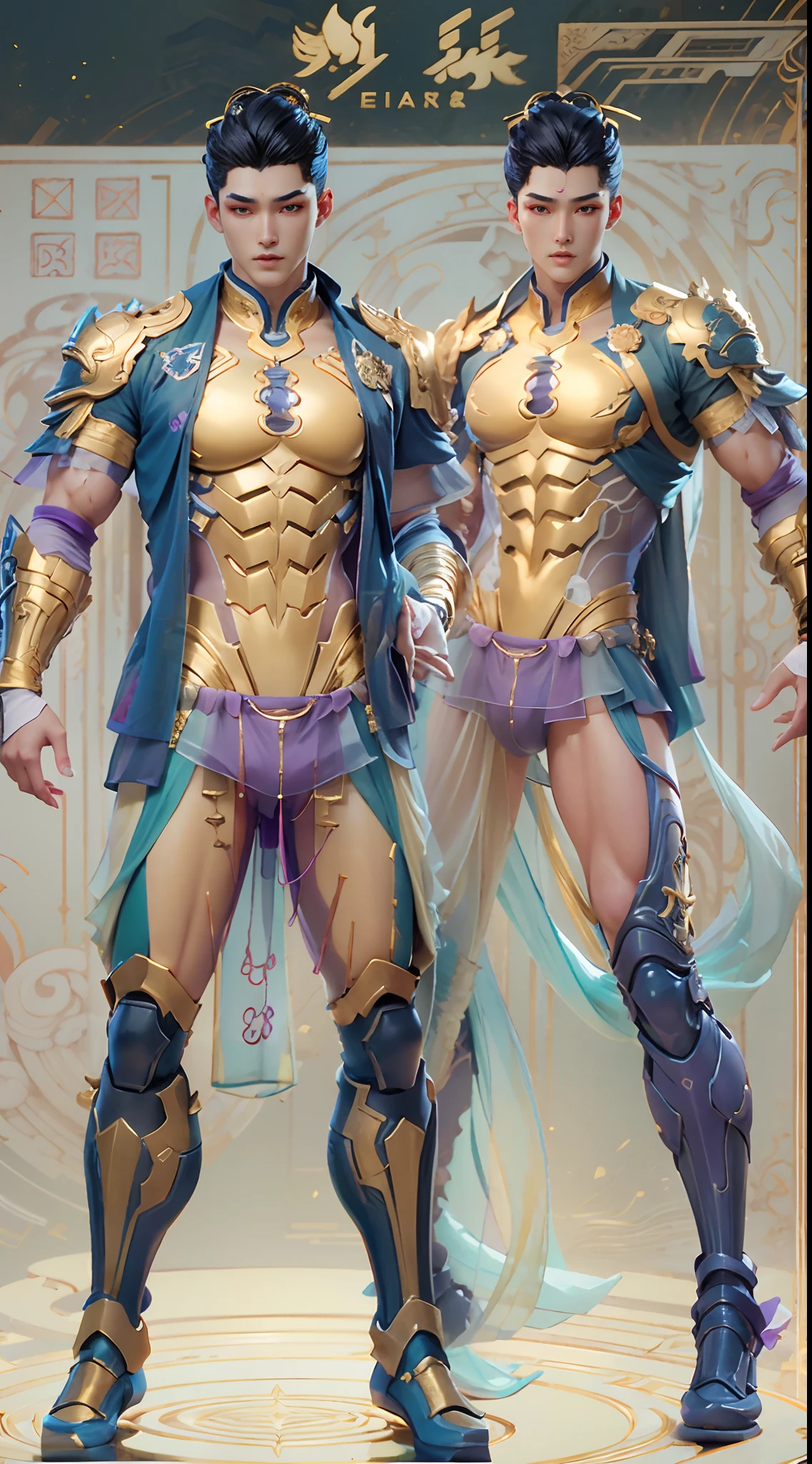 Sculpture design，Figures，GK model，（The whole body of the character），Expose muscles，（sexy for），（Exquisite base），The color of the clothes is gold，blue and violet，Transparent texture，Wu Yifan，Handsome cybernetic boy looking at camera lingerie detailed muscular reality masterpiece，musculous