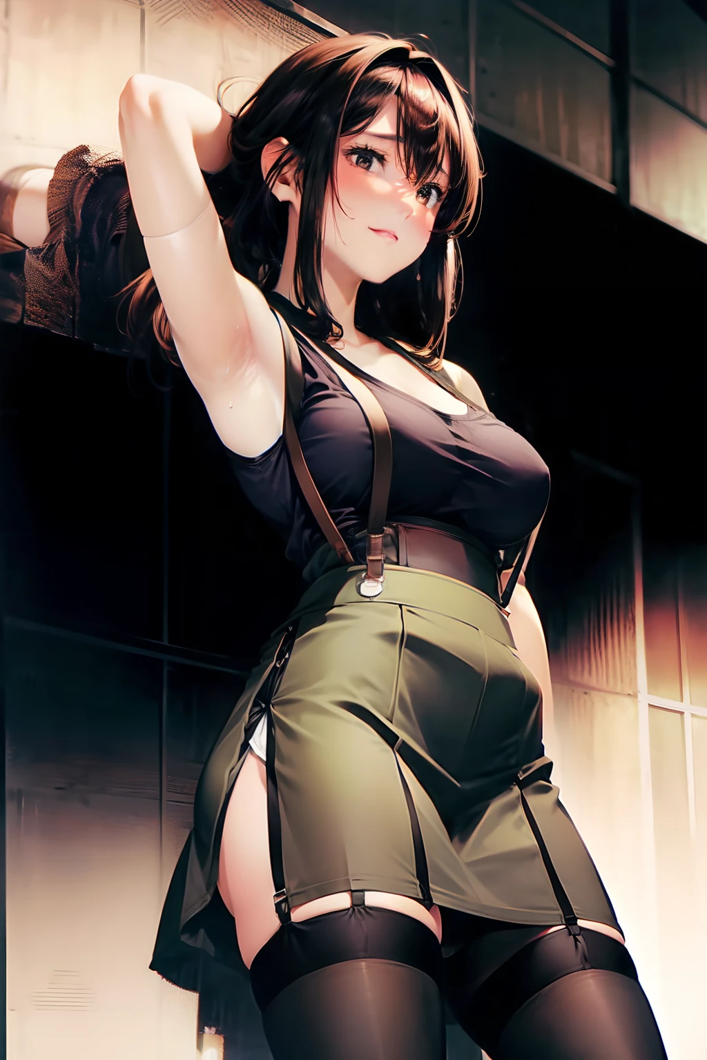 Big breasts　　　suspenders　　Garter to the thighs　　　Black stockings　　　Armpit sweat　skirt by the　Brown hair　　　Futomo　Black tank top　Hands behind the head　　　walls　　Futomo　poneyTail　Dark Face