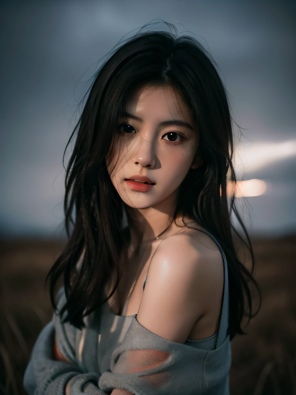 best qualtiy, tmasterpiece, 超高分辨率, (realisticlying:1.5), RAW photogr, 1girll, bshoulders, in the darkness nigth, deep shading, low tune, cold light, Sexy look, cabelos preto e longos