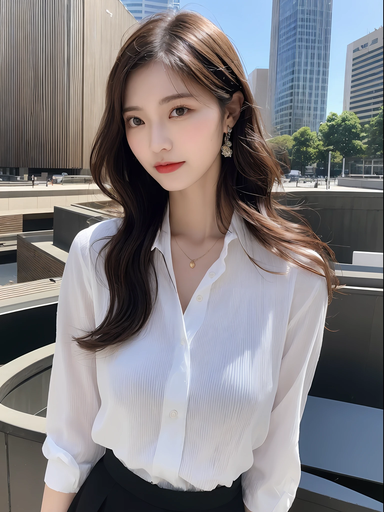 1girl, (Best quality, High resolution, Masterpiece :1.3), A tall and pretty woman, Slender abs, Dark brown hair styled in loose waves, Breasts, Wearing pendant, White button up shirt, Belt, Black skirt, (Modern architecture in background), Details exquisitely rendered in the face and skin texture, Detailed eyes, Double eyelid