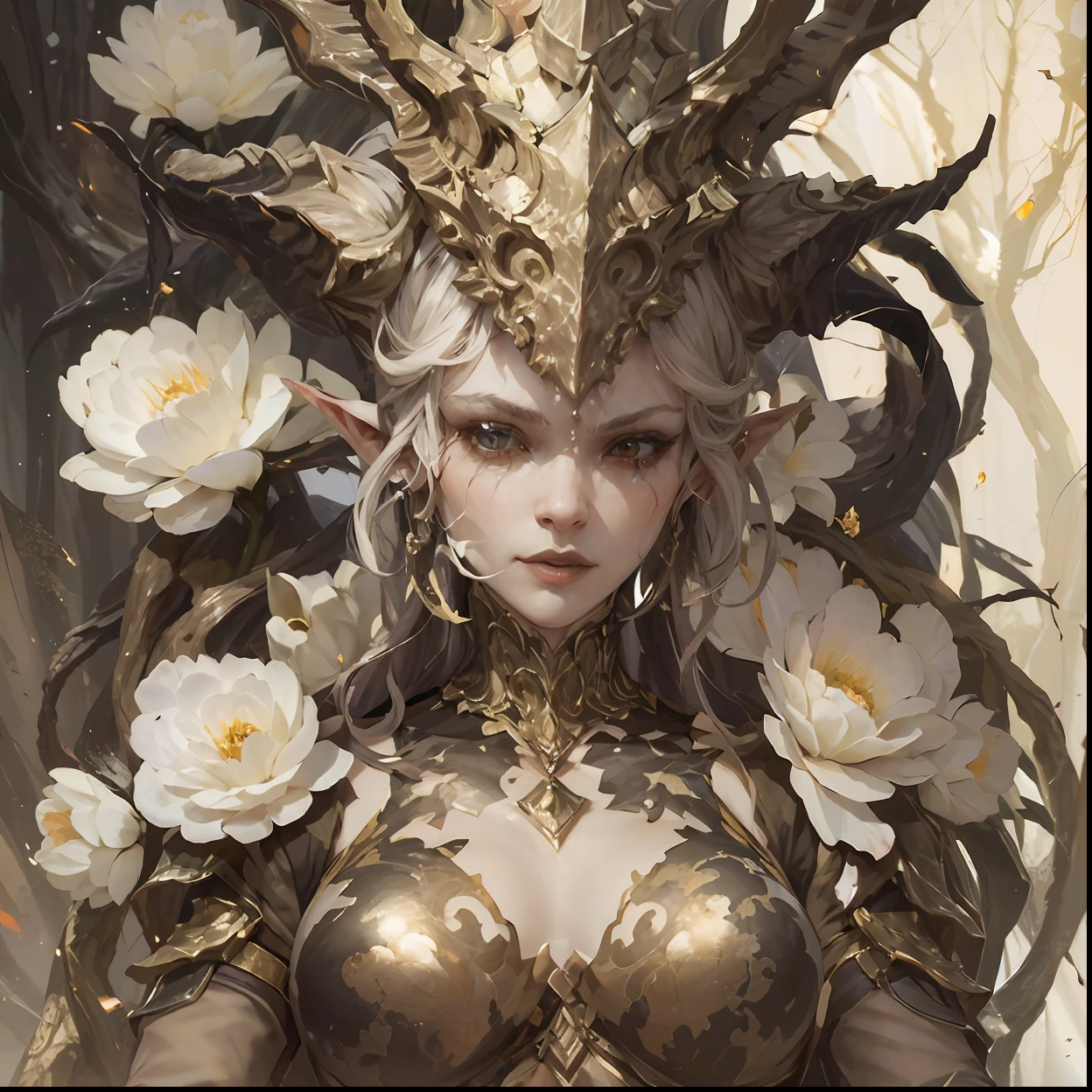 There was a woman in a golden dress，Wearing flowers on his head, Phlegm phlegm art, Art germ on ArtStation Pixiv, Phlegm sputum, phlegm | Art germ, Guweiz in Pixiv ArtStation, art by wlop, guweiz masterpiece, Guweiz on ArtStation Pixiv, portrait of an elf queen, by Yang J, a beautiful fantasy empress