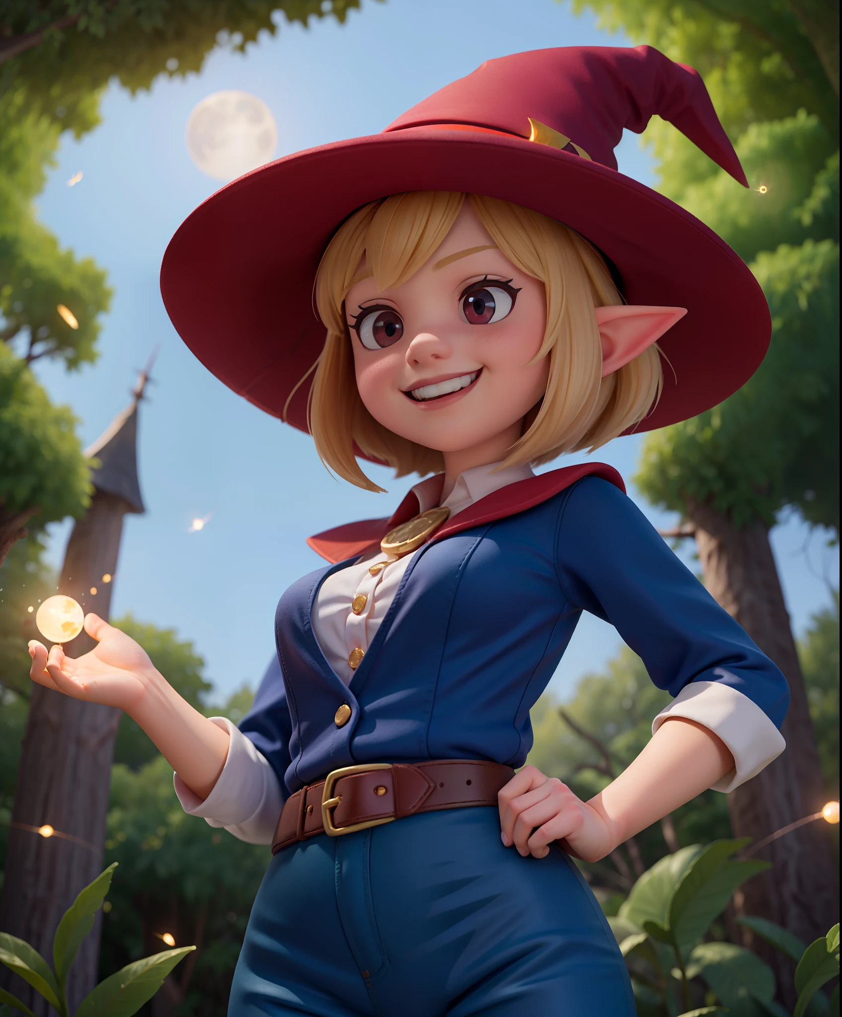 (masterpiece, high quality:1.3), (fisheye:1.25), a sexy witch girl, 18 years old, hand on hips, (night, magical dark forest:1.3), (close-up, upper body:1.3), (solo:1.1), perfect slim body, red eyes, blonde short hair, bangs, elf ears, grin, (simple:1.1) blue dress, (black:1.1) leggins, witch hat, fireflies, sparkles, epic sky, moon, dynamic light, dynamic shadows, (from below:1.2)