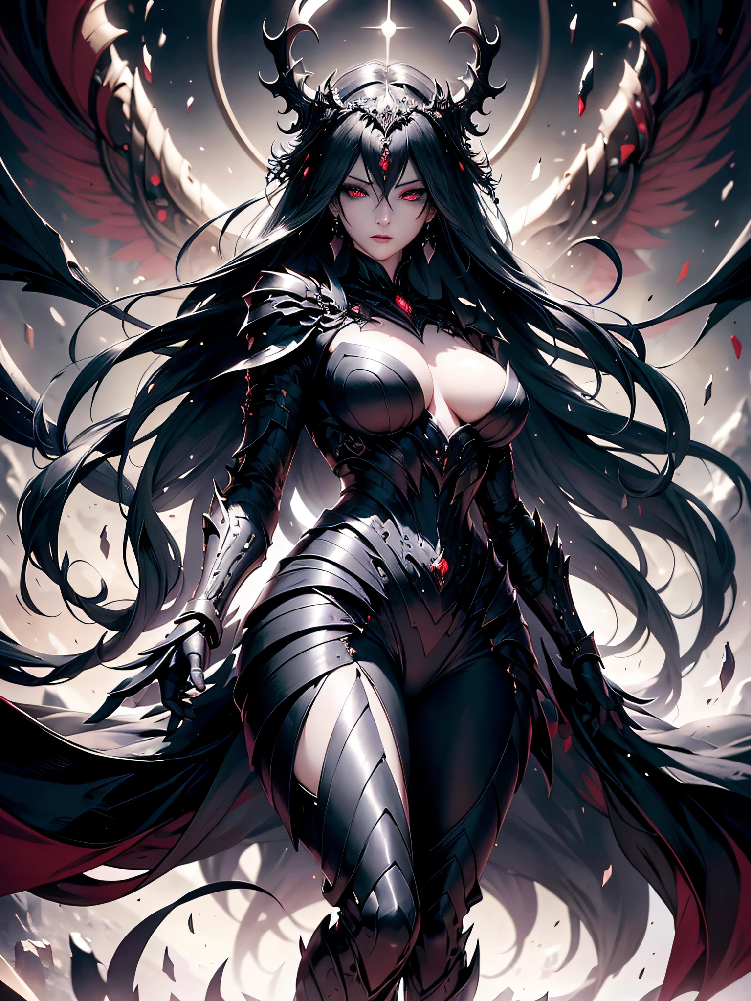 Dark Queen, she is a beautiful girl, her face shows an expression of determination and contempt towards her enemies, transmitting her new and dangerous power, red eyes, reflecting the strength and darkness that lie within her, jet black hair , The strands of her hair twist into twisted and mysterious shapes, adding an enigmatic touch to her appearance, Dark Queen stands regally, exuding a dark and malevolent aura, Dressed in a dress with deep black tones and deep red details, tight and revealing, with intricate designs symbolizing the dark power that consumes her, imposing presence instills fear in those around her, she can control shadows and cast dark spells, creating a sinister atmosphere around her, Dark Queen exhibits a more defiant stance and sure of herself. His movements are more agile and his gestures are full of menacing elegance, 8K quality, HD, high resolution, high levels of details.