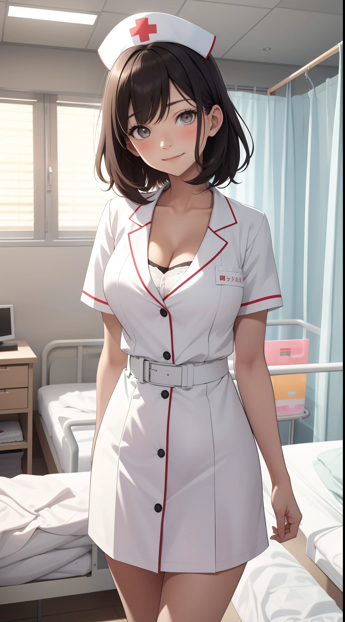 Infirmary,窗帘,one-girl,Bust photo,Nurse's uniform,ssmile,looks into camera,Be red in the face,nurses,white dresses,tmasterpiece,The best quality,The is very detailed,cleavage
