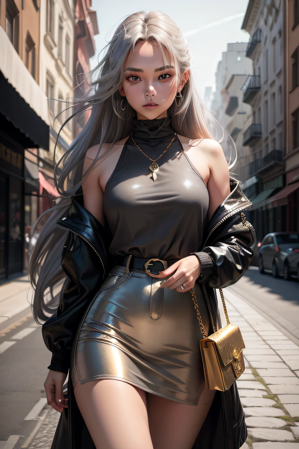 1girl, mid-long hair, gray eyes, stylish clothes, full of goold jewelry, luminous city, absurdres, high res, ultrasharp, 8K, masterpiece, looking at viewer