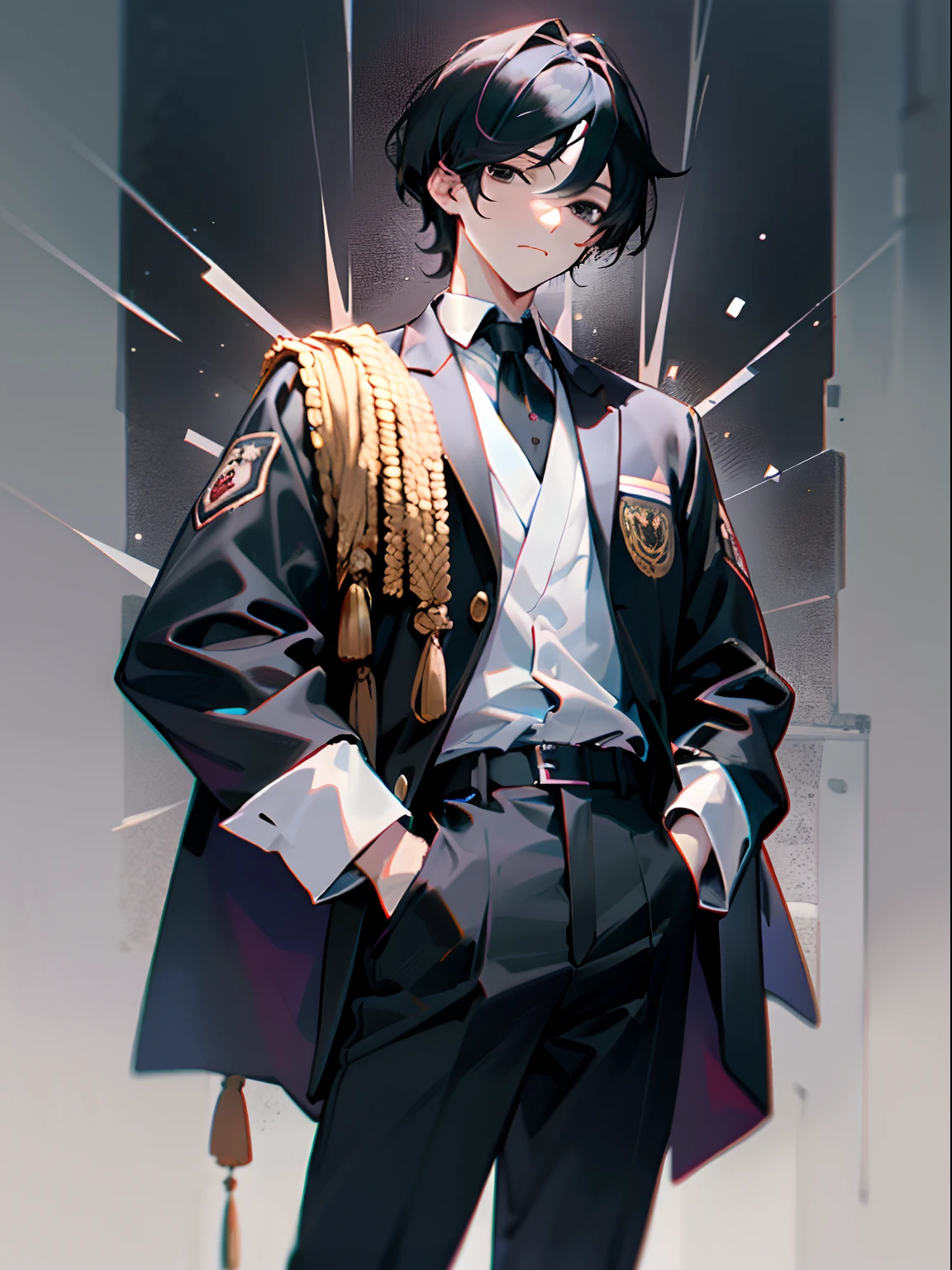 1 persons, Handsome, lifeless eyes, Black hair, Black eyes, 1.8 meters high, White shirt, long collars, Long sleeves, Long black pants, Cold face, 1 Japanese high school boys' uniform， UHD, masterpiece, ccurate, anatomically correct, textured skin, super detail, high details, high quality, award winning, best quality, highres, 4K, 8k