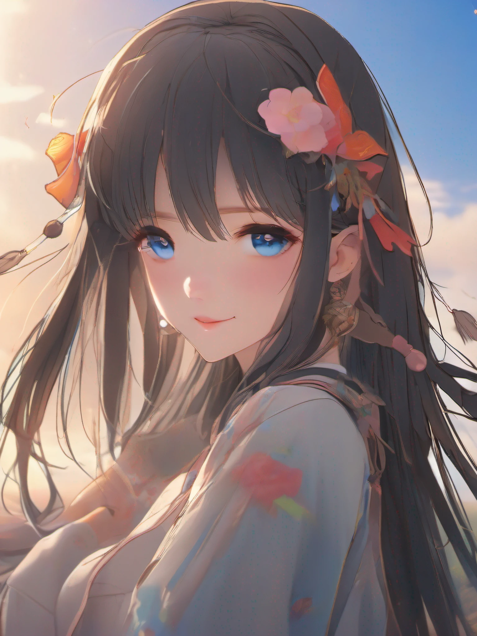 Ultra-high-definition CG painting、top-quality、beautiful  Girl、Blowing Shabotama、Beautiful countryside、Swaying steppe、In the bright twilight、beautiful blue skies、Hair blown in the wind、Soft light、Depict emotional moments。
