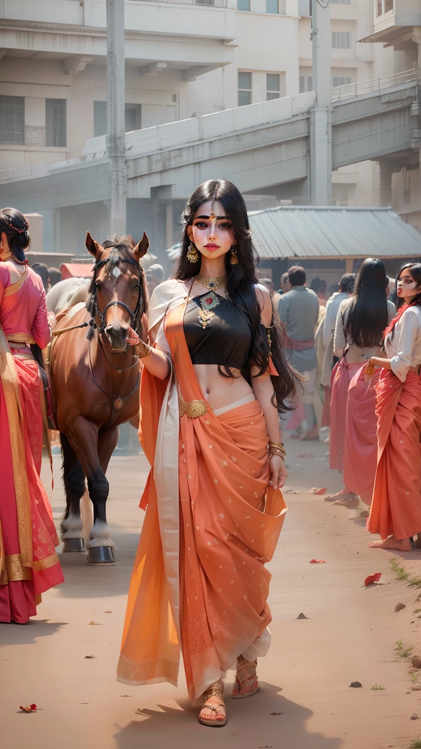 Indian princess, very pretty, wearing traditional Saree  ,long black hair, realist face, traditional jewallry , beautiful eye, traditional bake ground