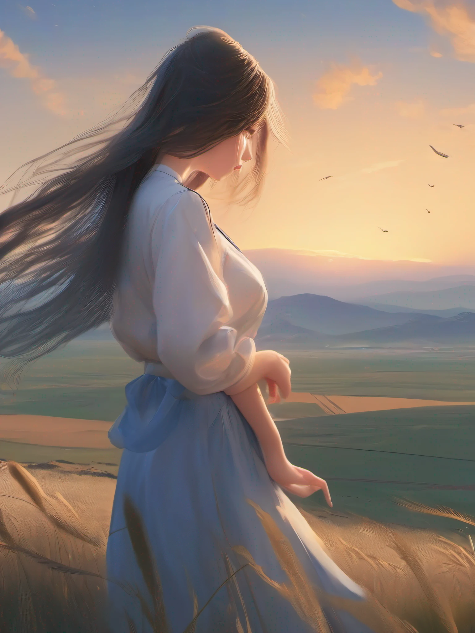 Ultra-high-definition CG painting、top-quality、beautiful Girl、Blowing Shabotama、Beautiful countryside、Swaying steppe、In the bright twilight、beautiful blue skies、Hair blown in the wind、Soft light、Depict emotional moments。
