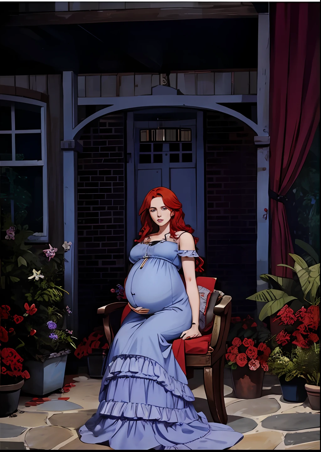 pregnant red-haired woman with her hand on her belly blue dress full of nineteenth century targets, sentada em uma cadeira de vime