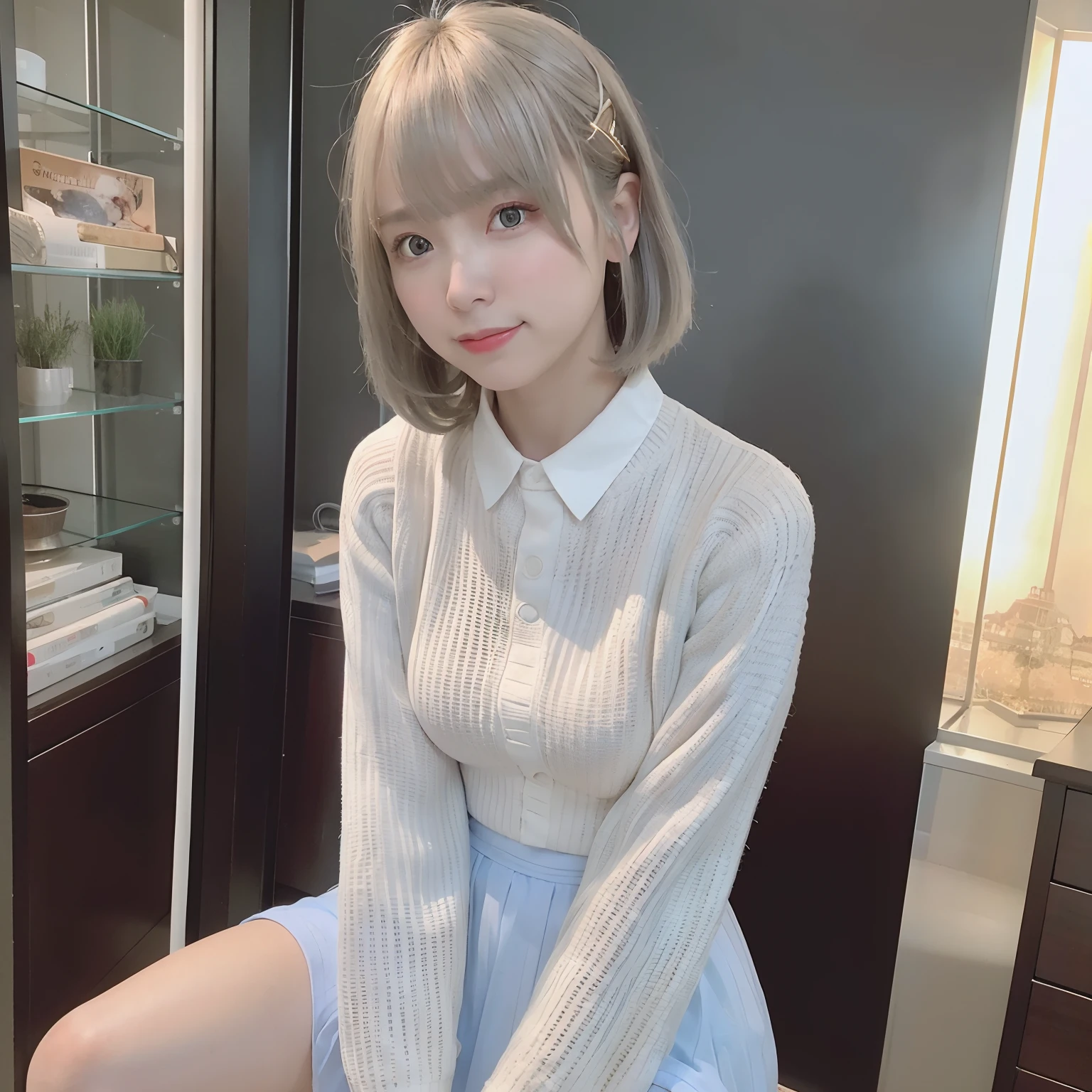 Full body, gray hair, (Dragoon: 1.2), Brant Bang, masterpiece, top quality, official art, very elaborate CG Unity 8K wallpaper, for girls, ultra high resolution, (photorealistic: 1.4), golden hour lighting, sweater dress, (upper body), (platinum shorthair: 0.8), (puffy eyes), looking at the viewer, frontal, smile, medium breasts, shirt lift, Gloves, shorthair