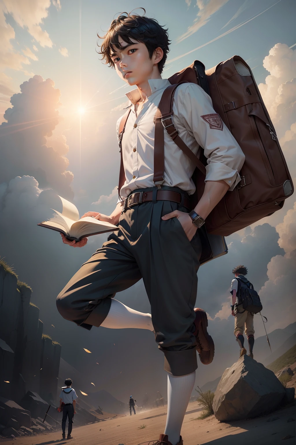 a junior high school student,Libido boy,Hold a book in one hand,Stand on a rocket and glide, kentaro miura art style, High Quality Anime Art Style,anime figure,校服,Dynamic