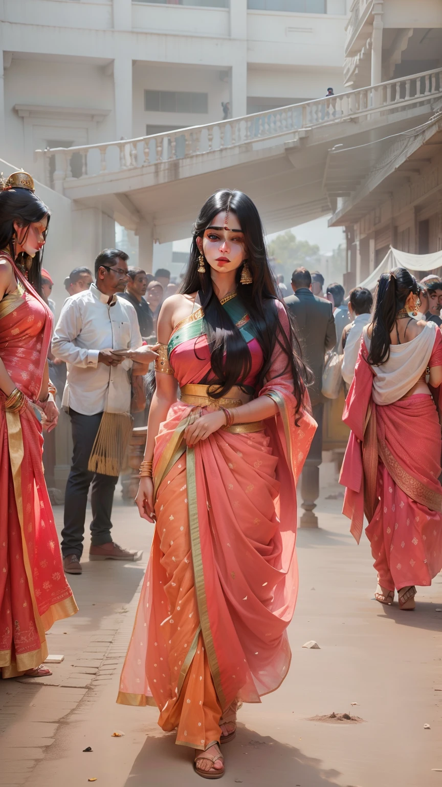 Indian princess, very pretty, wearing traditional Saree  ,long black hair, realist face, traditional jewallry , beautiful eye, traditional bake ground