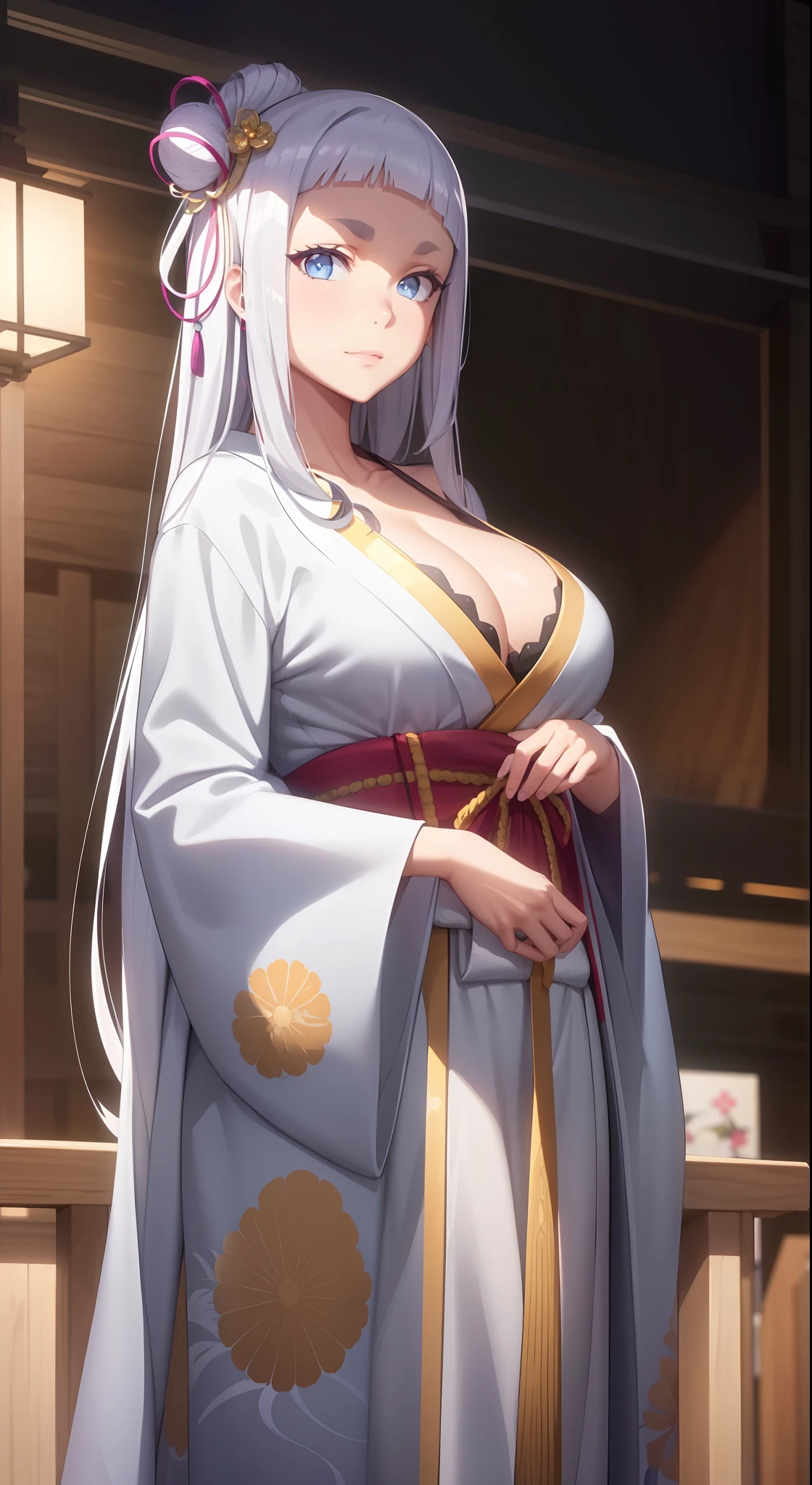 hair ornament, very long hair, japanese clothes, professional artwork, Intricate Details, field of view, sharp focus, detailed painting, photorealistic lighting, trending on pixiv, Standing at attention, ((large breasts:1,3)), Beautiful body,Beautiful Nose,Beautiful character design, perfect eyes, perfect face, looking at viewer, proper clothes,official art,extremely detailed CG unity 8k wallpaper, perfect lighting,Colorful, Bright_Front_face_Lighting, (masterpiece:1.0),(best_quality:1.0), ultra high res,4K,ultra-detailed, photography, 8K, HDR, highres, absurdres:1.2, Kodak portra 400, film grain, blurry background, bokeh:1.2, lens flare, (vibrant_color:1.2), shikkoku_yorihime, (seductive look), ((looking at viewer, front body pose))