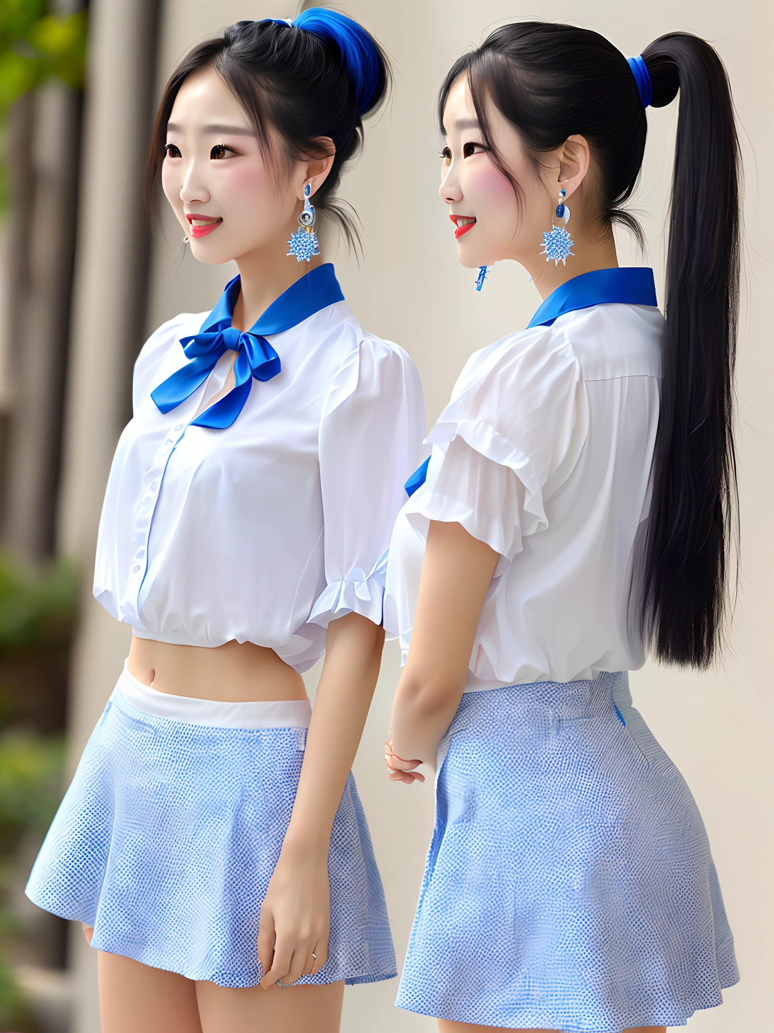 Kizi,Blue double ponytail,Blue earrings,Blue and white skirt,adolable