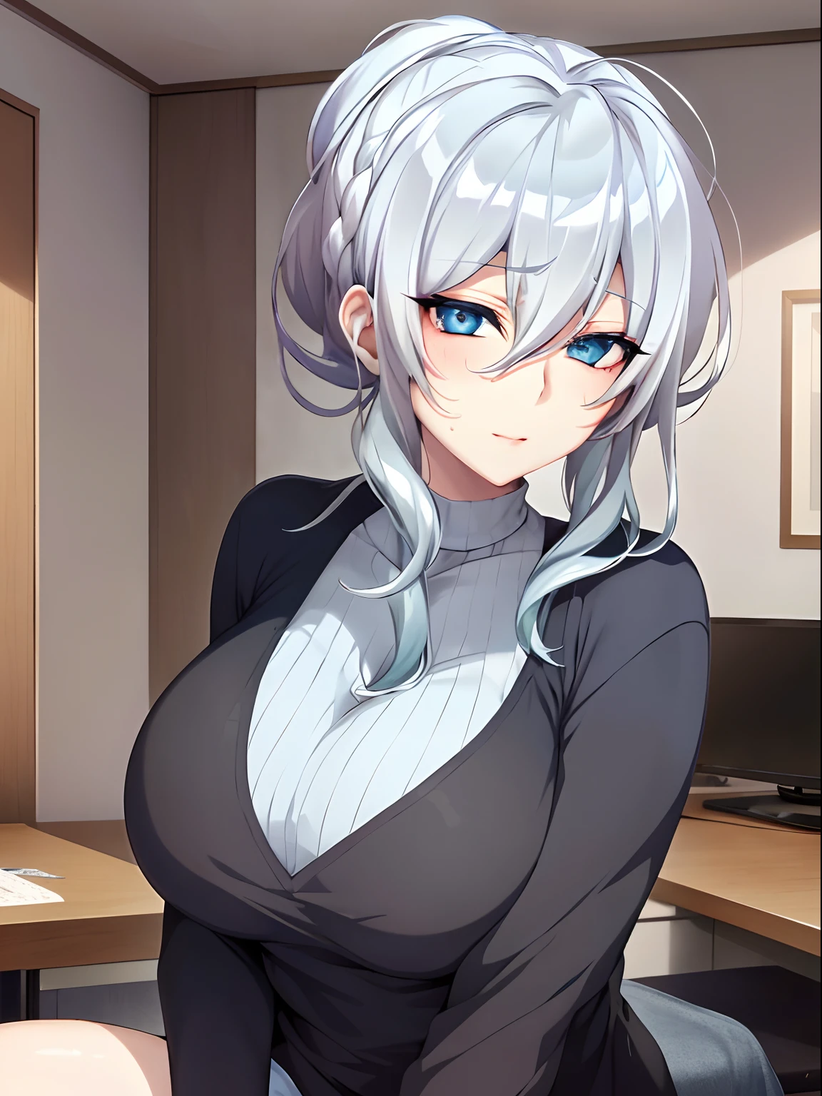 Best quality, 8k, in bed, silver hair and  blue eyes, black shirt and no bra, anime visual of a cute girl, screenshot from the anime film, & her expression is solemn, in the anime film, in an anime, anime visual of a young woman, she has a cute expressive face, still from anime, big breast, red cheek, lustful face, fair skin