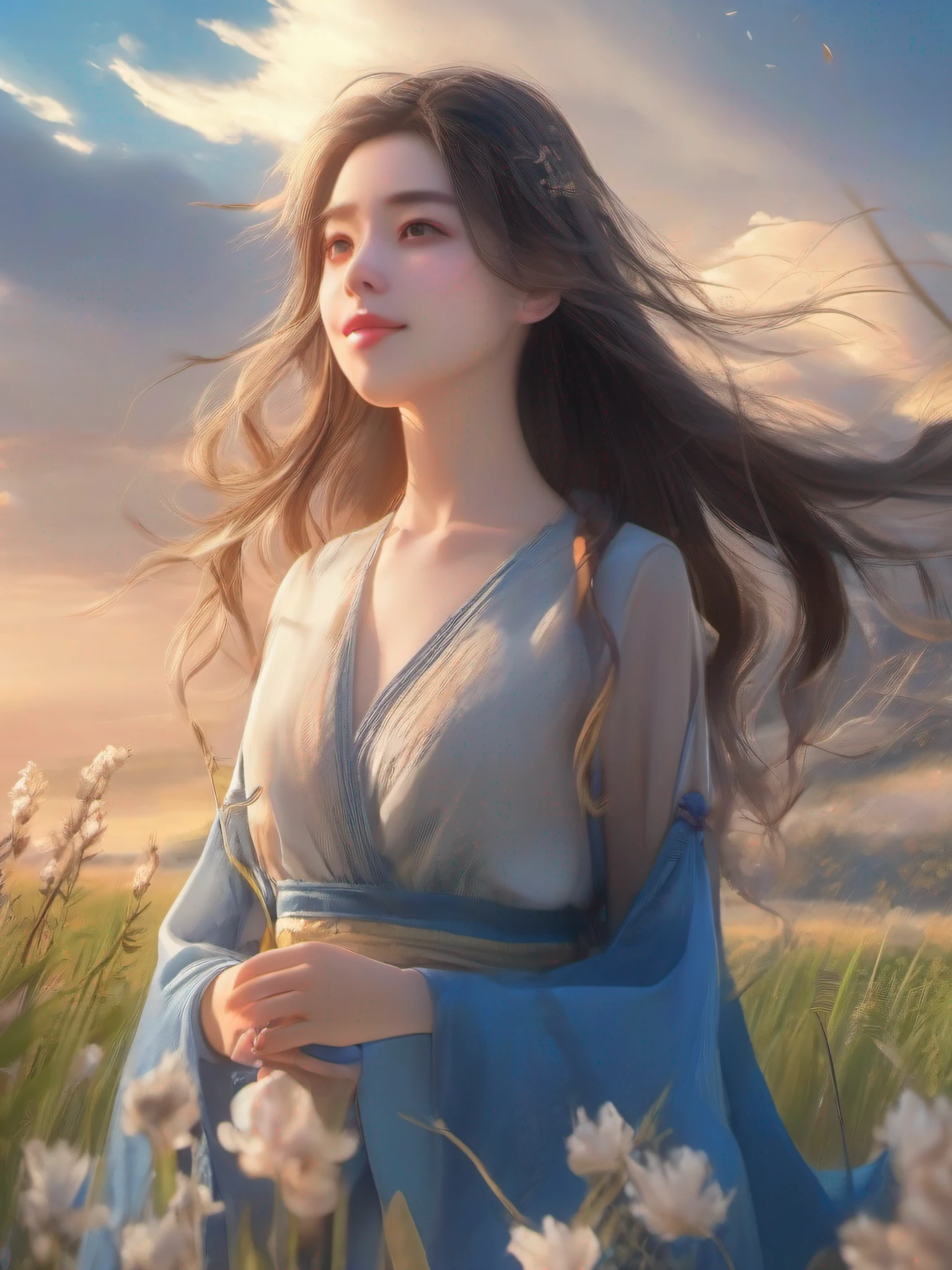 Ultra-high-definition CG painting、top-quality、beautiful Girl、Blowing Shabotama、Beautiful countryside、Swaying steppe、In the bright twilight、beautiful blue skies、Hair blown in the wind、Soft light、Depict emotional moments。