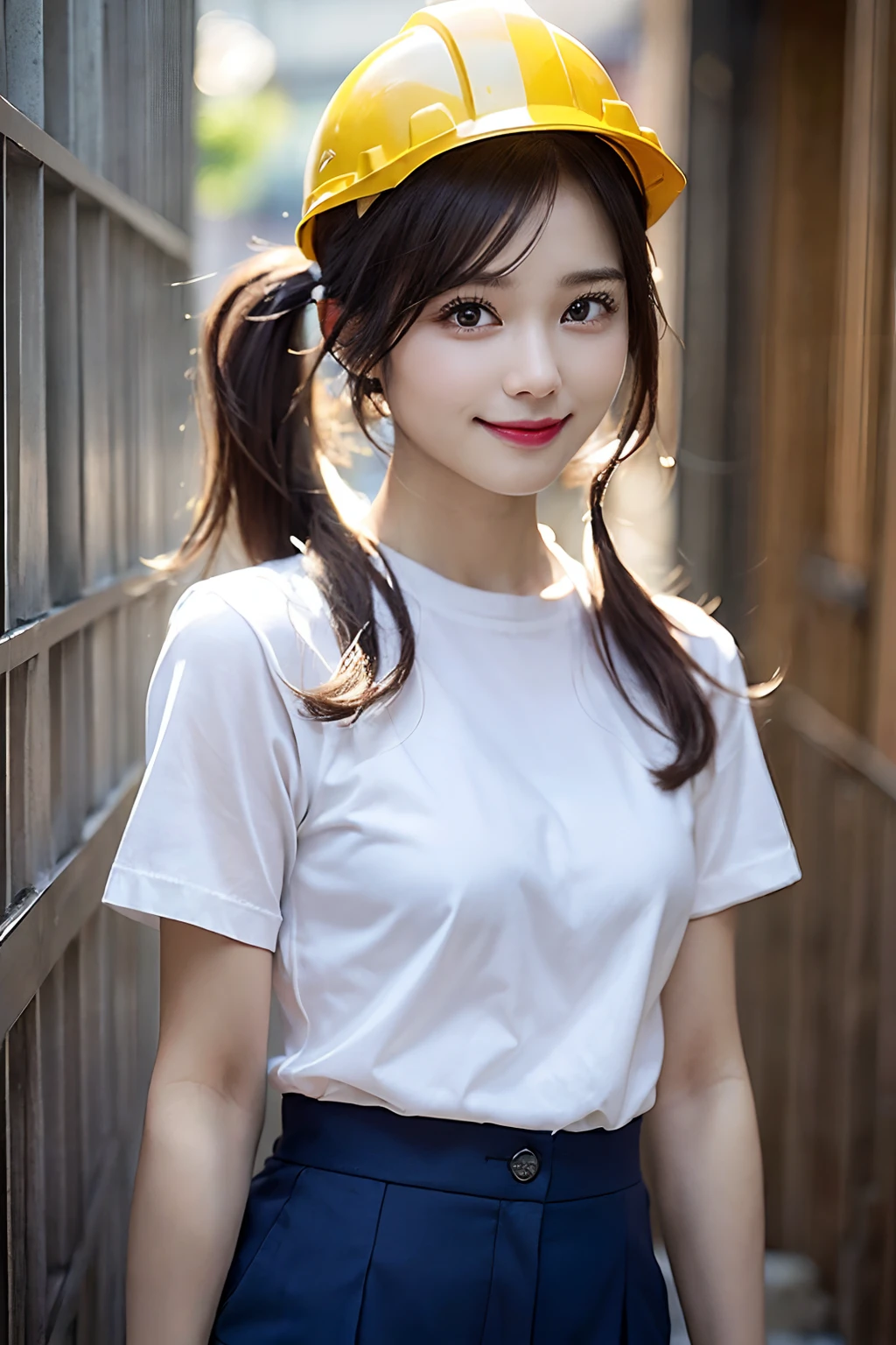 {“query”: “a person”}、((Realistic lighting、top-quality、2k、masterpiece:1.3))、shot from front、Focus:1.2、1 girl、Perfect figure:1.4、Slim abs:1.1、((dark brown hair、poneyTail))、(Navy blue work clothes)、(Dark blue trousers)、(White shirt)、(outside of house、Daytime:1.1)、(Super fine face、A smile)、big eye、24、A yellow helmet at a construction site with a black horizontal line、Put your hands together next to your face