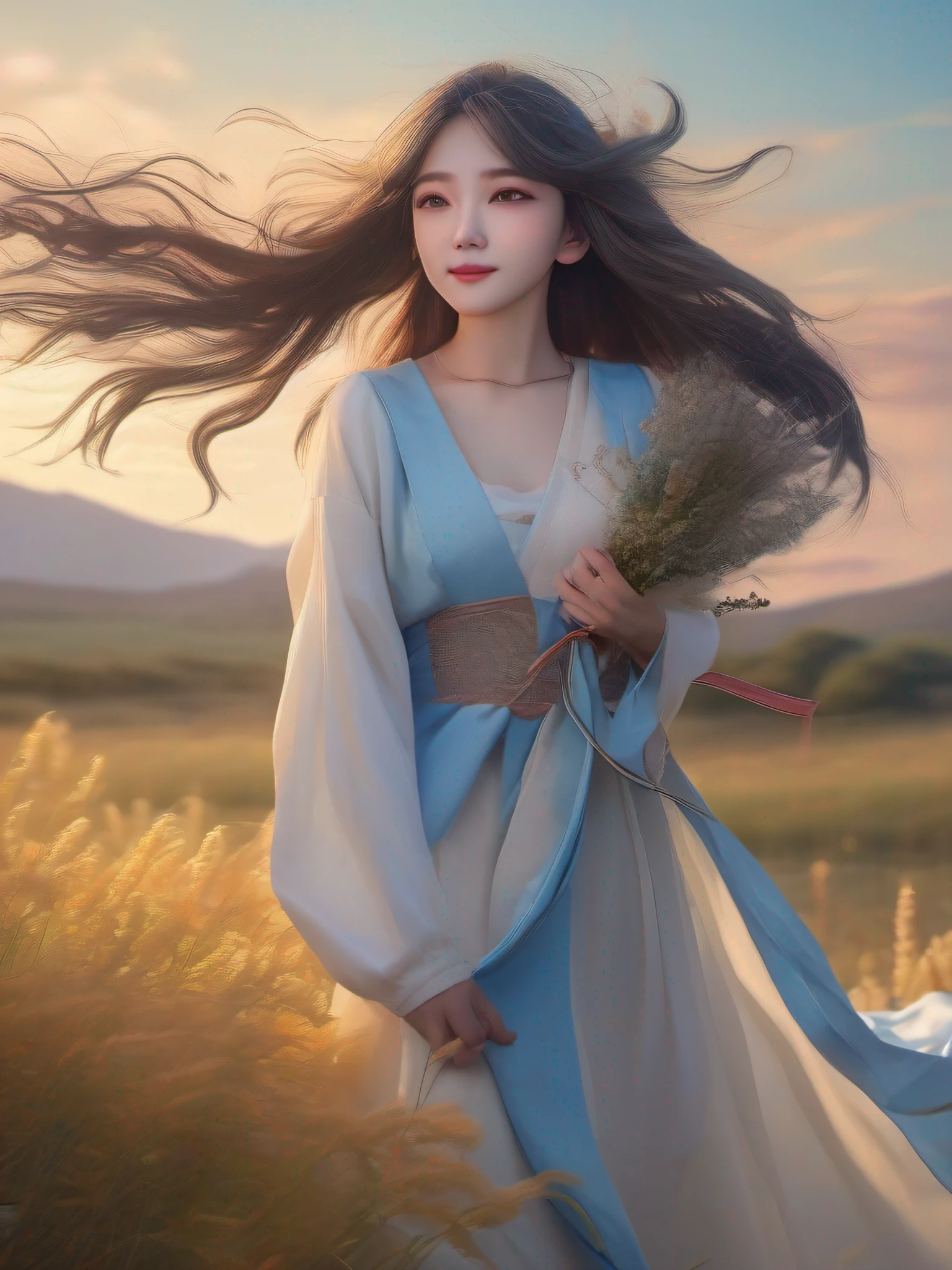 Ultra-high-definition CG painting、top-quality、beautiful  Girl、Blowing Shabotama、Beautiful countryside、Swaying steppe、In the bright twilight、beautiful blue skies、Hair blown in the wind、Soft light、Depict emotional moments。