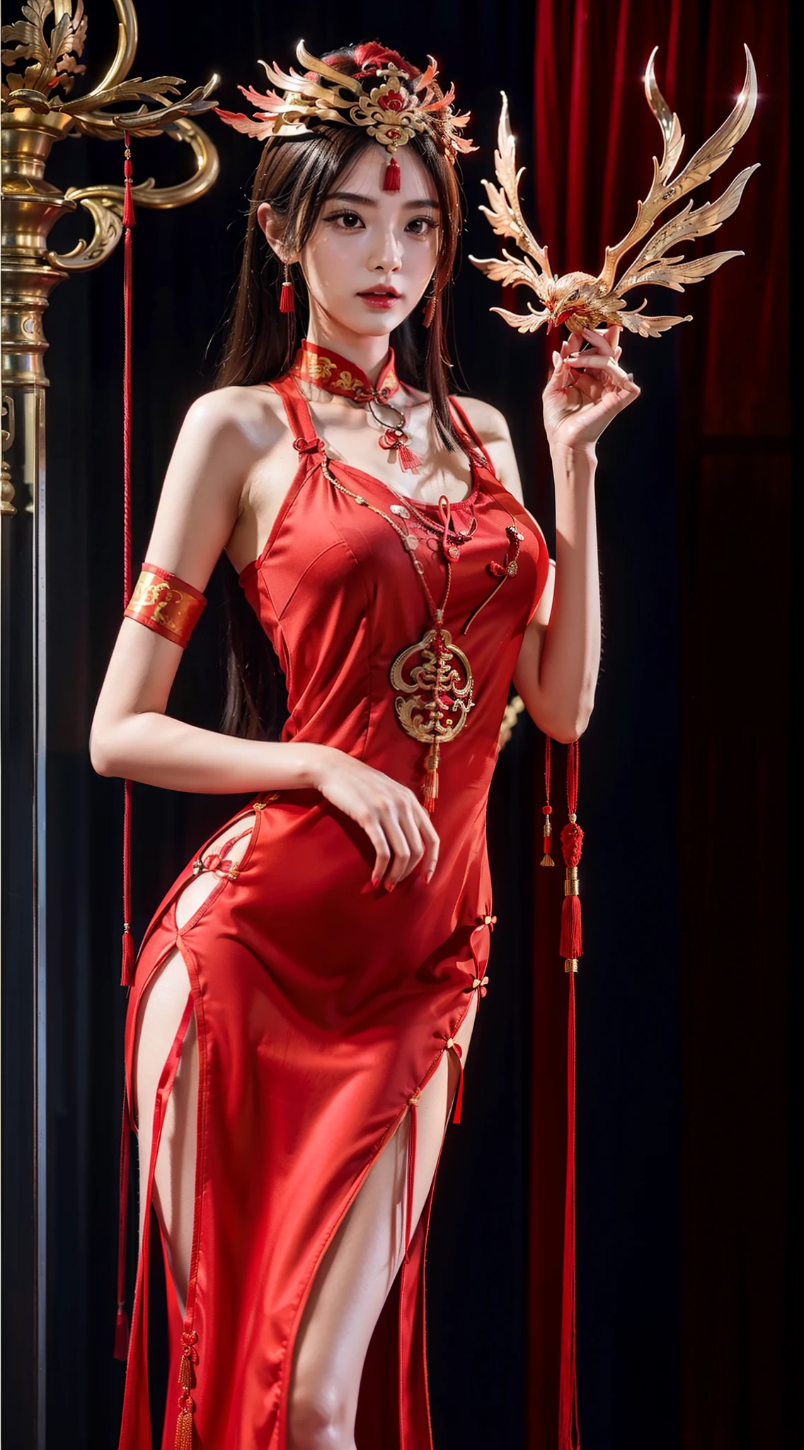 one-girl，（Wears a red full-body cheongsam:2），（Phoenix Guanxia:2），Chinese elements，4K，