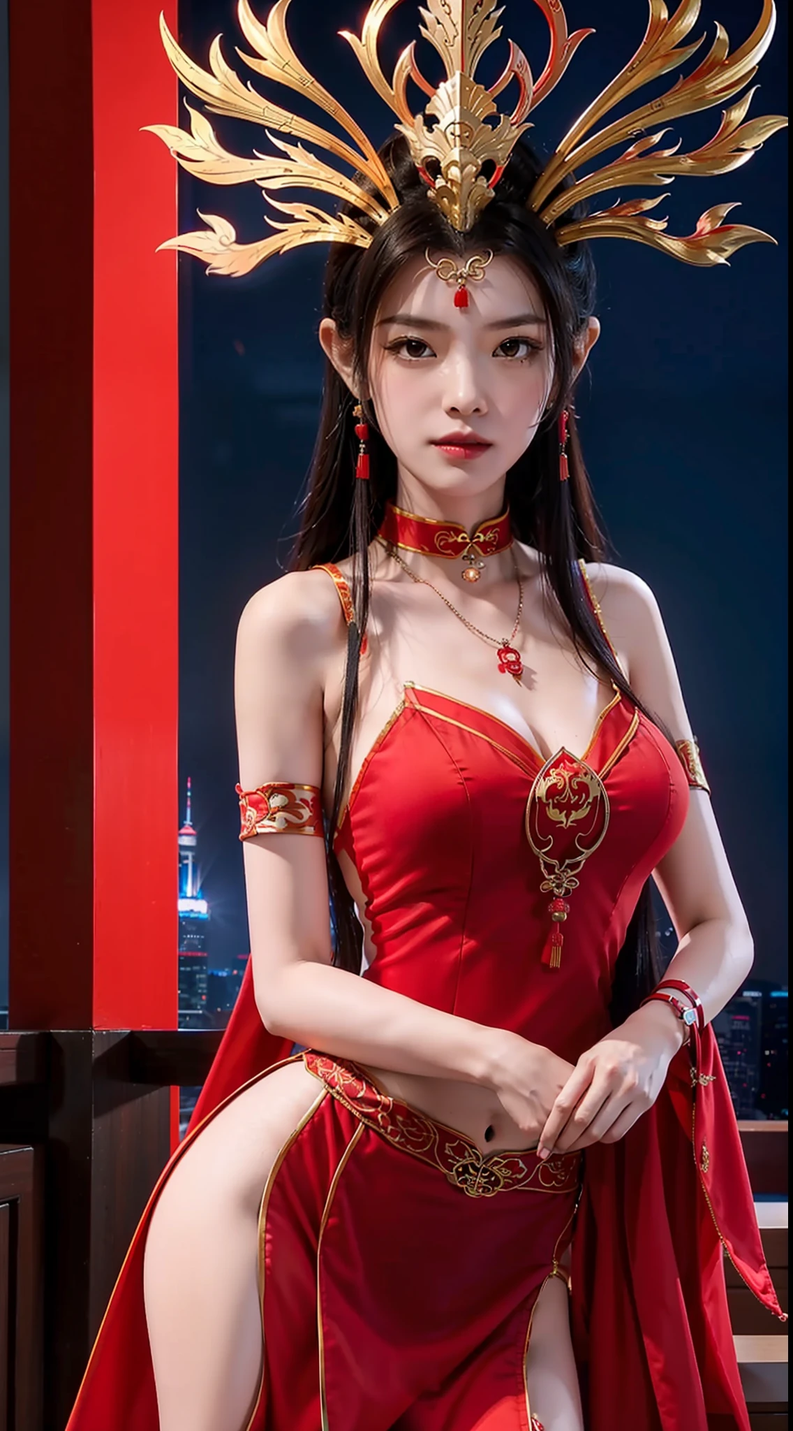 one-girl,(wearing red cheongsam:1.6),(Phoenix Guanxia:1.6),Chinese elements,4K,