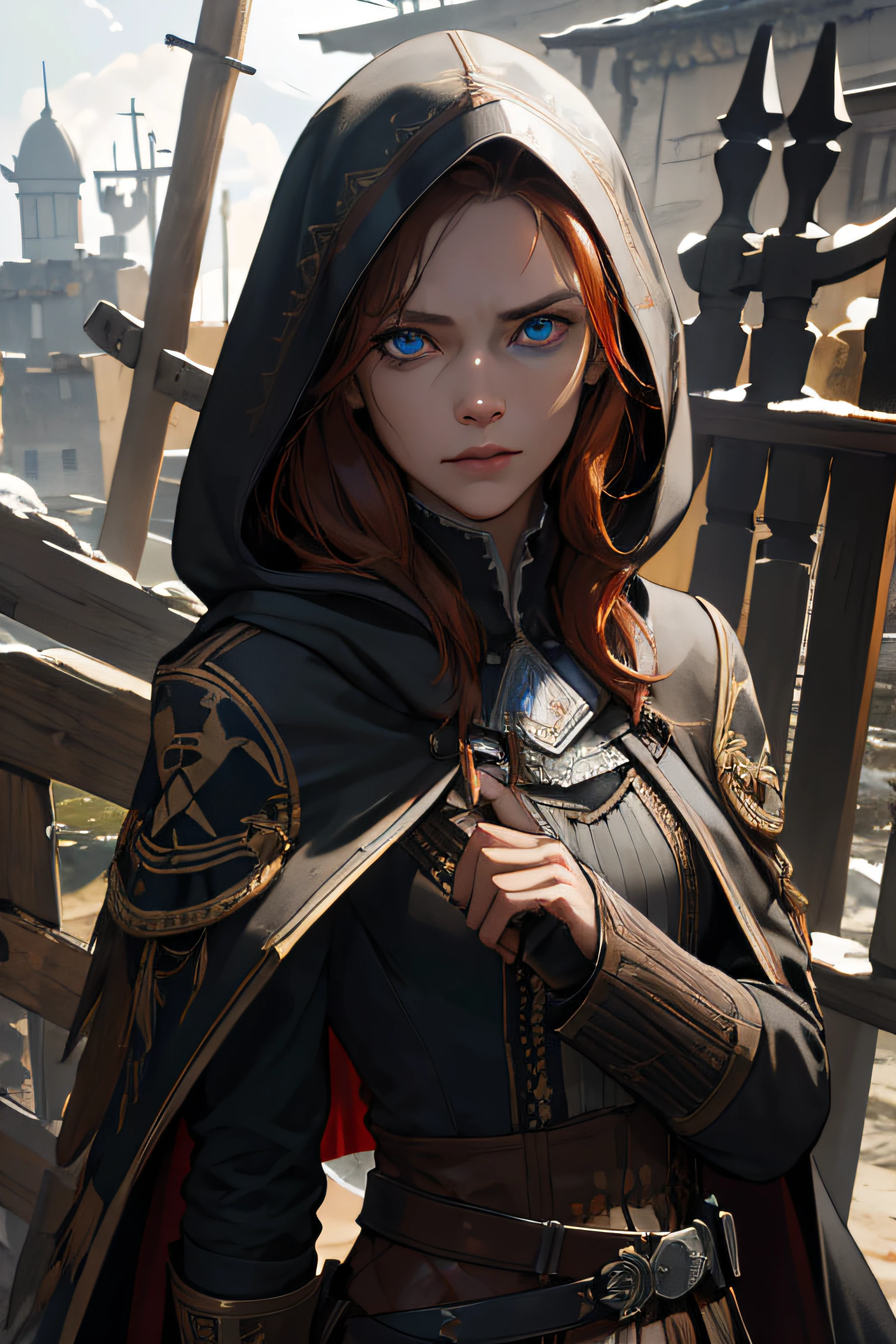 (absurdres, highres, ultra detailed), 1woman, mature female, aged up, wavy long hair, dark GINGER hair, BLUE eyes, bangs, long sleeves, finely detailed eyes and detailed face, extremely detailed CG unity 8k wallpaper, intricate details, portrait, (bloody scars:0.7), looking down, solo, upper body, detailed background, determined expression, assassins creed, assassin, hidden wrist-blade, black rugged assassin clothes, hood, capelet, small knives, revolutionary, dynamic pose, caribbean island setting, golden age of piracy, closed gate in background, dust, portrait, wind swirling