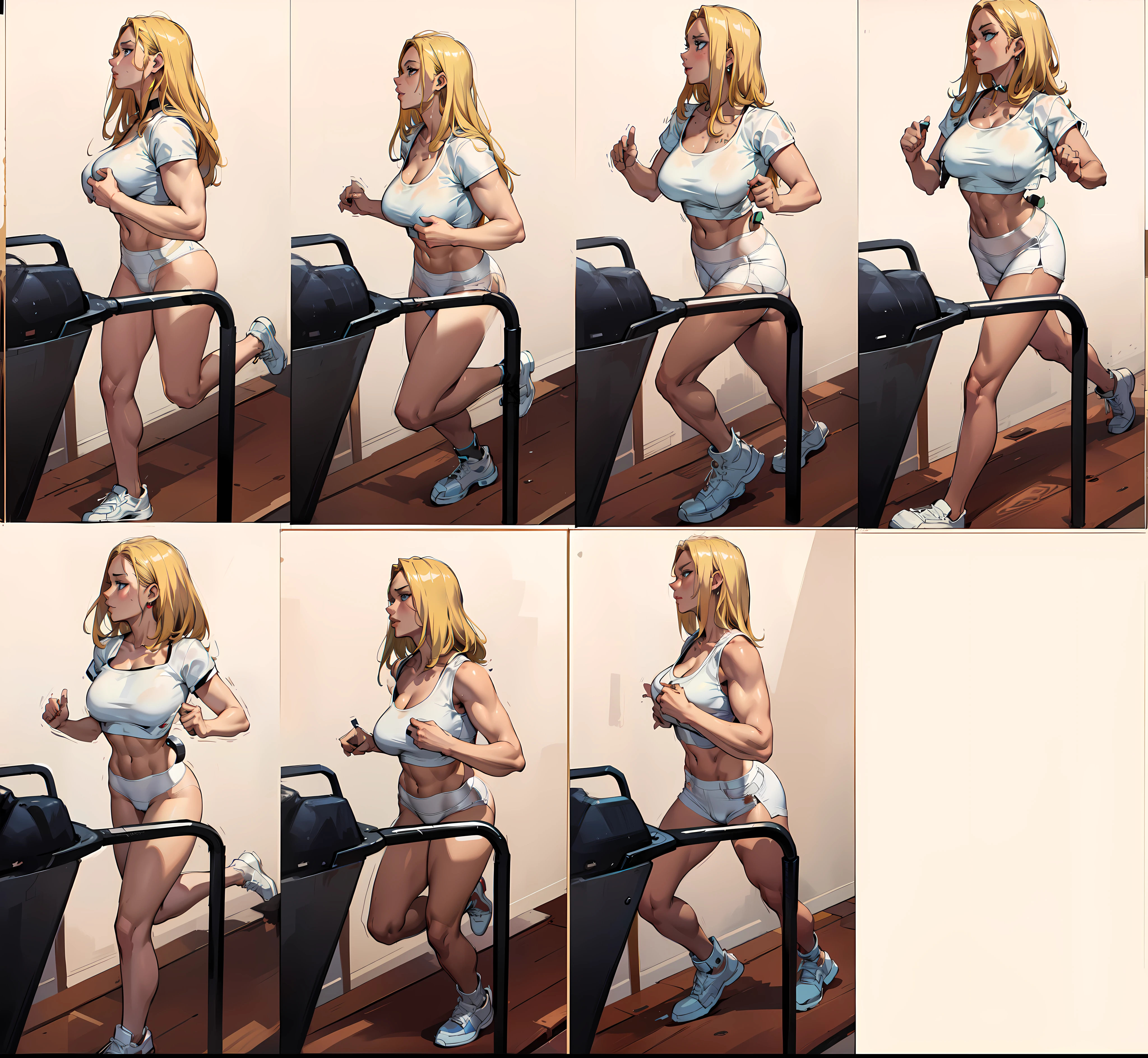 unparalleled masterpiece, ultra realistic 8k CG, perfect artwork, (1girl:1.1) , solo, ((perfect female figure)), (nsfw), looking at viewer, mature female, (teasing), best quality:1.1 , seductive posture, sexy pose, alluring, (beautiful), (curvy), (thick), blonde hair, (blue eyes:1.2), short hair, earrings, jewelry, denim vest, open vest, black pantyhose, black shirt, denim skirt, striped long sleeves, toned legs, fit, (abs:1.1), (big butt:1.4), peach ass, (athletic body:1.2), (large breasts:1.3, (big_breasts:1.1), wide_hips:1.5, narrow waist, small waist:1.5, slender body:1.2, thick thighs:1.3), (shiny skin:1.2), (hdr), (street:1.2), Nikon D850 film stock photograph Kodak Portra 400 camera f1.6 lens, rich colors, lifelike texture, dramatic lighting, unreal engine, trending on ArtStation, by Gerald Brom, by Frank Frazetta, by Luis Royo, by Julie Bell, by Boris Vallejo, arafed image of a woman running on a treadmill, running sequence, working out, accurate walk cycle, running pose, pictures in sequence, side view of her taking steps,