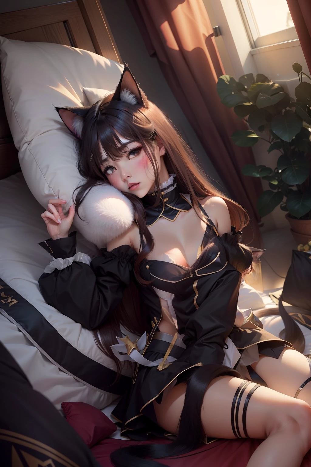 cat ear，whaite hair，Lie flat on the bed，