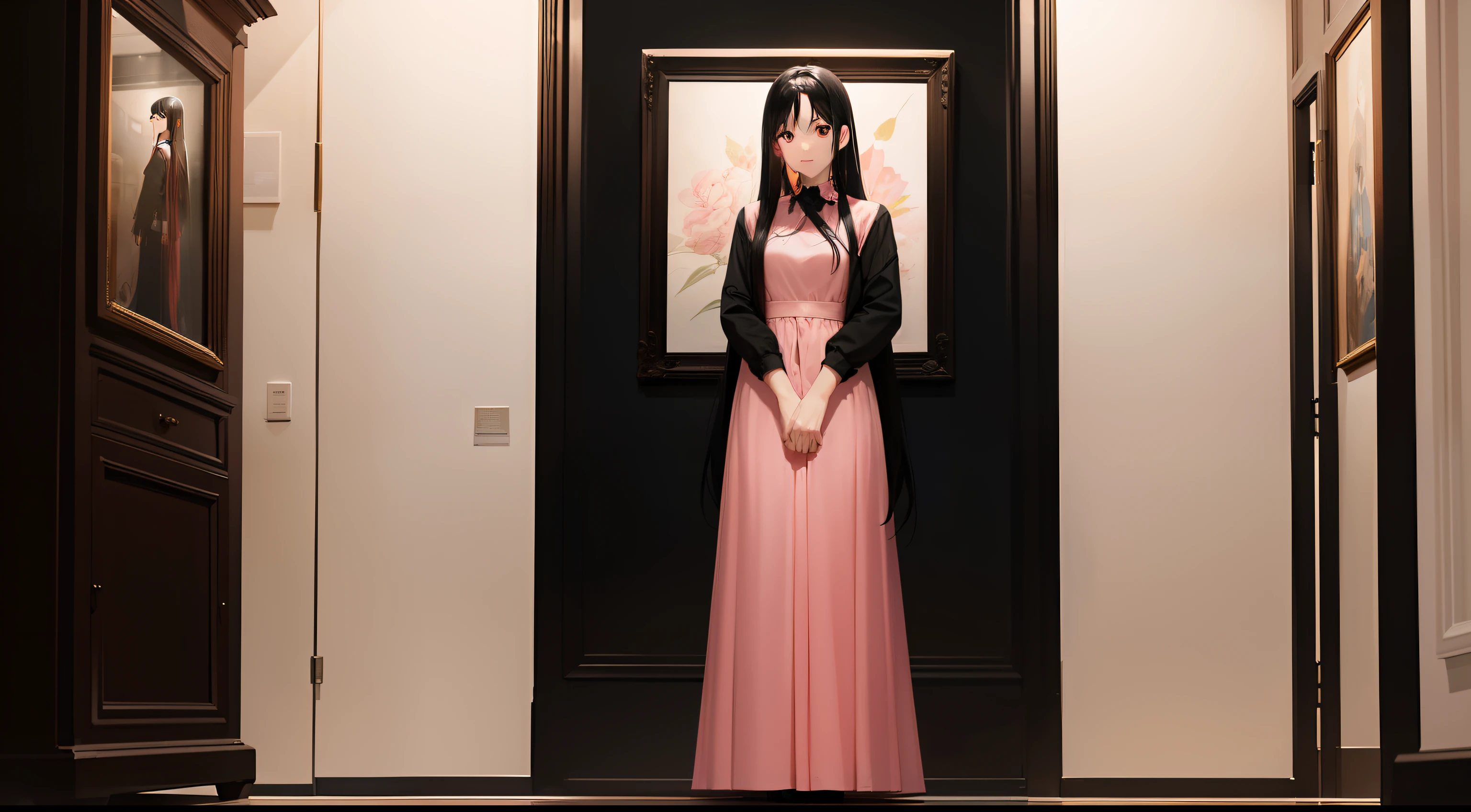 Young single woman with long black hair, Wearing a pink formal dress, Stand in a small art gallery, Looking at the camera、Straight face、Exudes a mysterious aura."