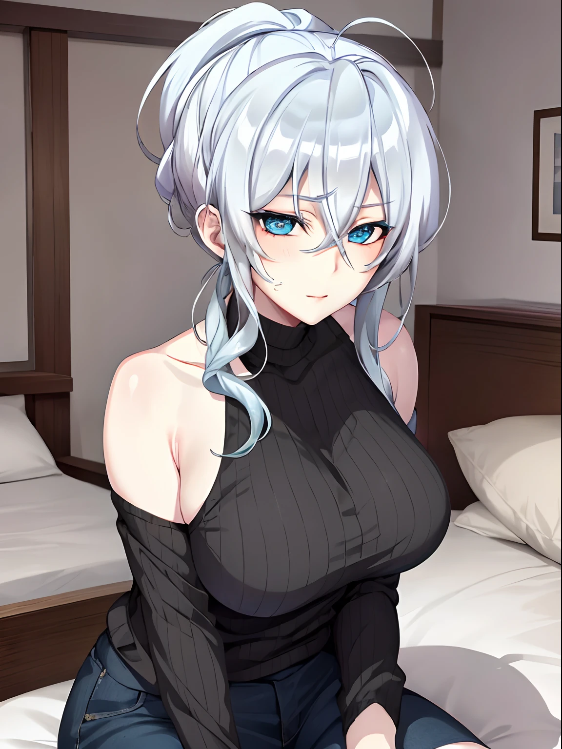 Best quality, 8k, in bed, silver hair and  blue eyes, black shirt and no bra, anime visual of a cute girl, screenshot from the anime film, & her expression is solemn, in the anime film, in an anime, anime visual of a young woman, she has a cute expressive face, still from anime, big breast, red cheek, lustful face, fair skin