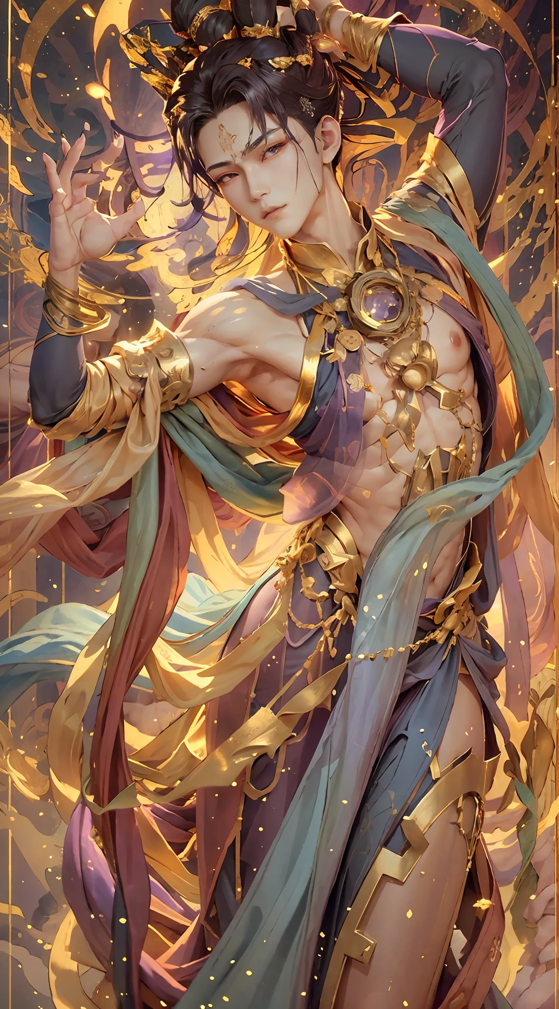 Sculpture design,Figures,GK model,(The whole body of the character),Expose muscles,(sexy for),(Exquisite base),The color of the clothes is gold,blue and violet,Transparent texture,Wu Yifan,Handsome cybernetic boy looking at camera lingerie detailed muscular reality masterpiece,musculous