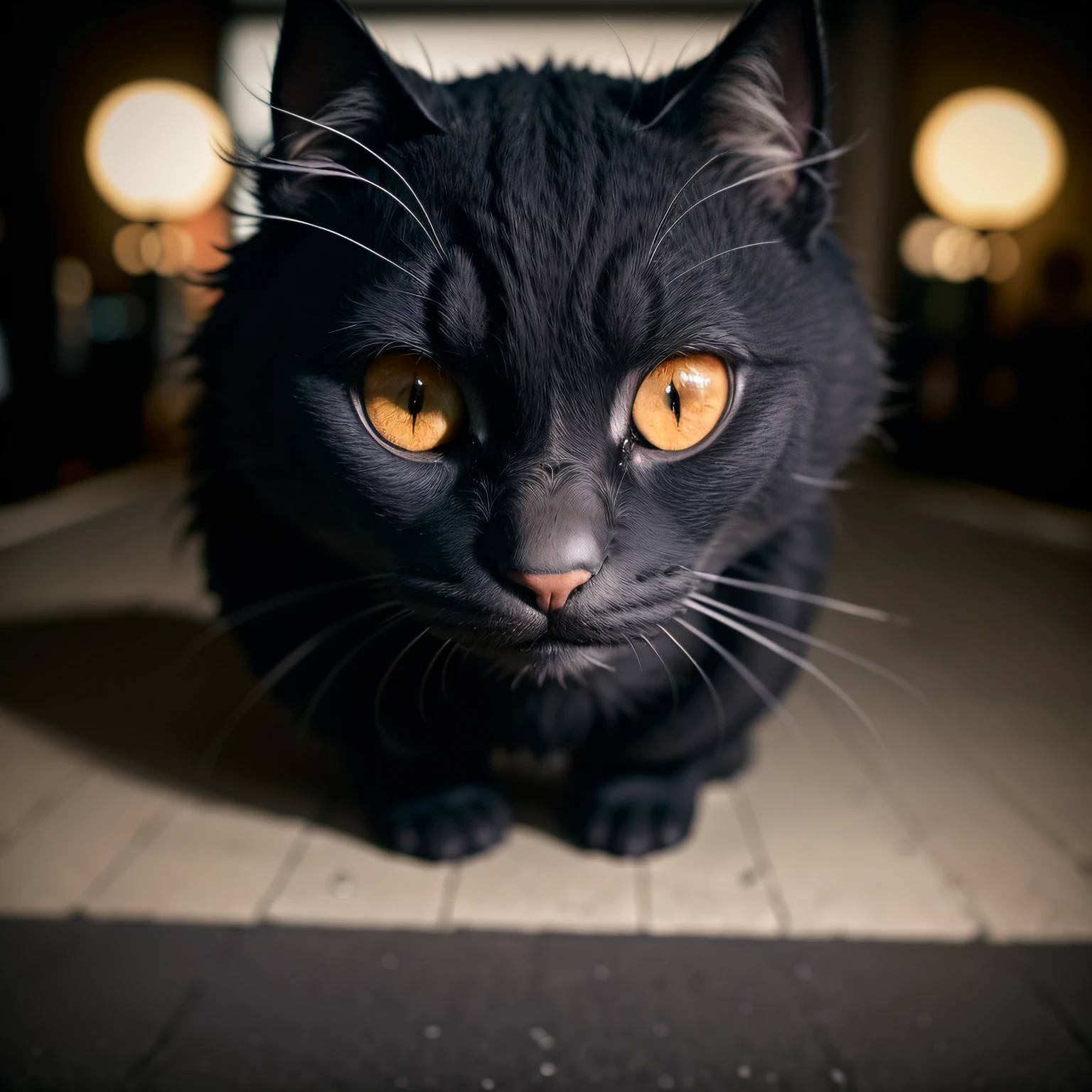 masterpiece, absurdres, high quality, realistic,
black cat looking at viewer, sad eyes,
street alley, street lights, night,
20 megapixel, detailed, movie grain