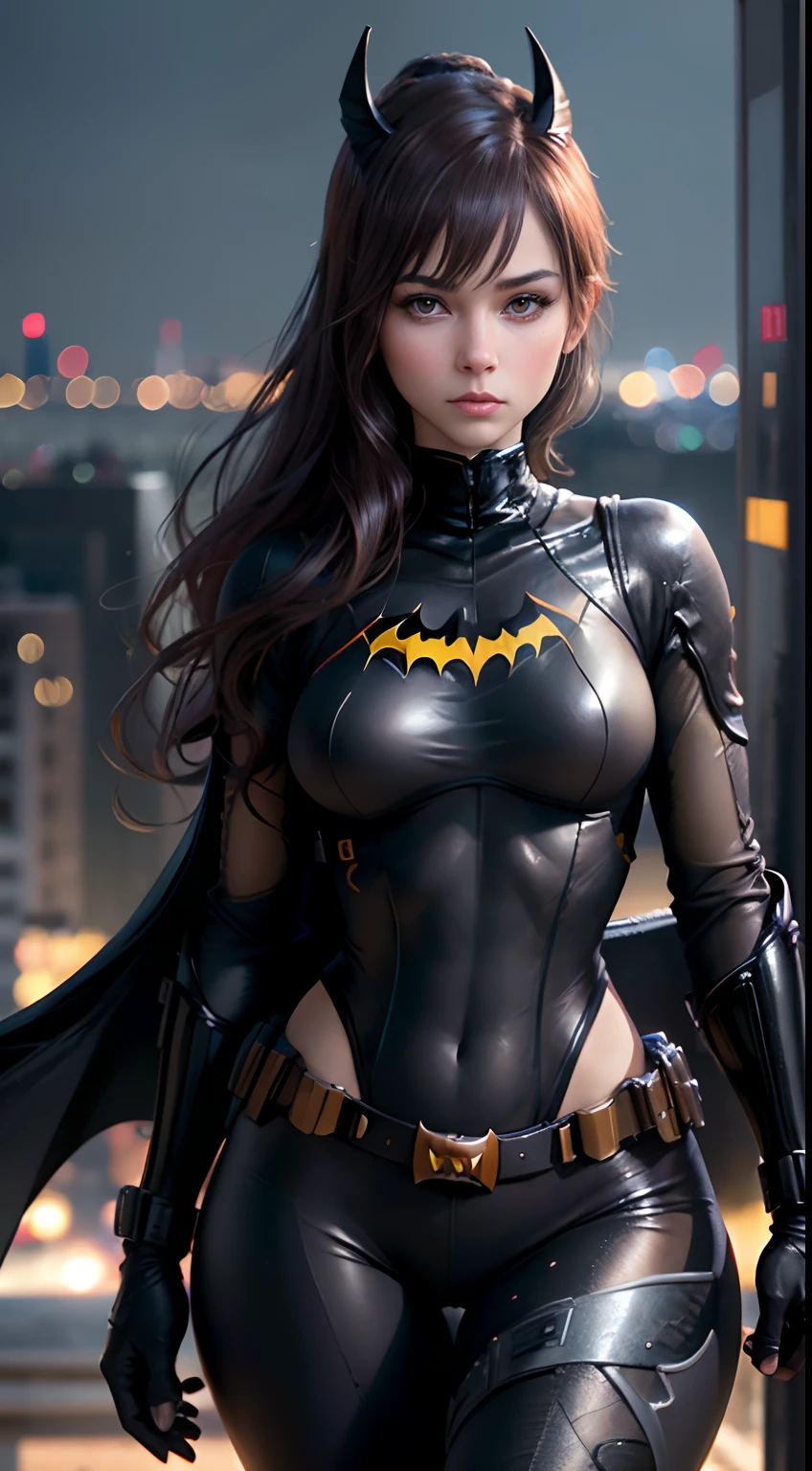 detailed face, detailed eyes, realistic eyes, A professional full-length portrait photograph of Batgirl:1.3, by a rooftop, long legs, tight pants, masterpiece, finely detailed skin, sharp focus, depth of field. female focus. bokeh:1.4, cinematic lighting, high-res, masterpiece:1.4, best quality, photorealistic, best quality, realistic, 4k, high quality, hyper_detail, skin details. RAW photo, (high detailed skin:1.3), 8k UHD, DSLR, soft lighting, film grain, Fujifilm XT3, Hasselblad photography, Digital Compositing.