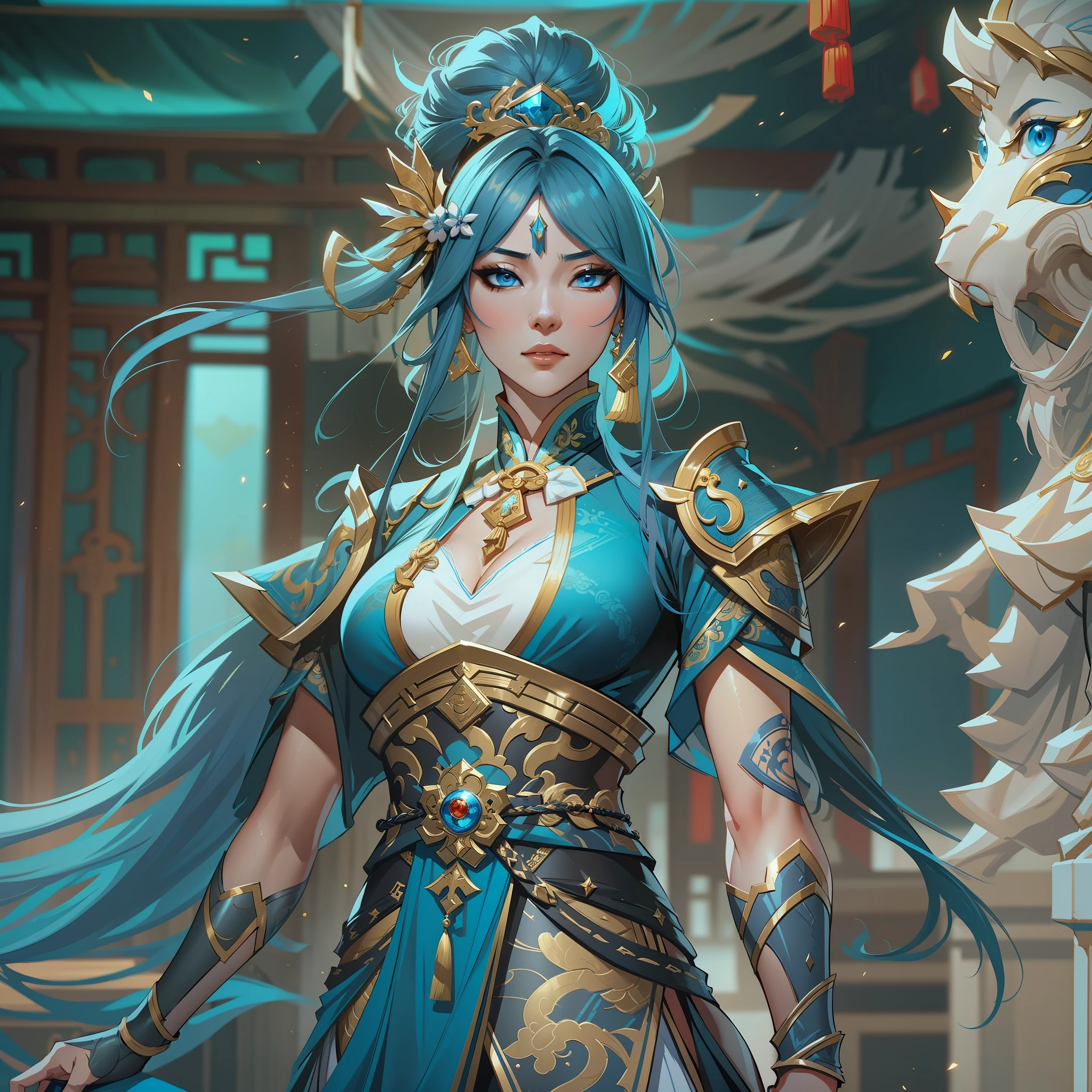 a close up of a short woman in her 30's, with blue eyes and ocean blue hair, wearing a blue and black ballgown dress, a chinese empress with blue eyes, female swordswoman, chinese princess, standing in a chinese temple, new costume concept design, in the style of blade and soul, full body character concept, detailed character design, inspired by Yang Jin, inspired by Li Mei-Shu, lunar themed attire, costume with gold accents, inspired by Ju Lian, colored concept art, highly detailed character design, highly detailed face, inspired by Ai Xuan, very highly detailed face, unreal engine render, final fantasy 14 style