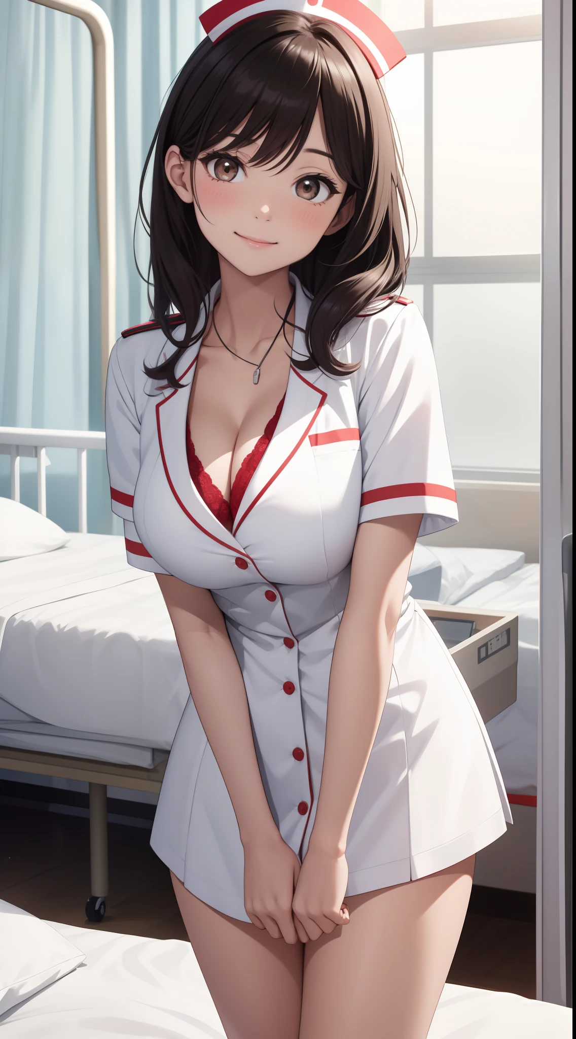 Infirmary，窗帘，one-girl，Bust photo，Nurse's uniform，ssmile，looks into camera，Be red in the face，nurses，white dresses，tmasterpiece，The best quality，The is very detailed，cleavage