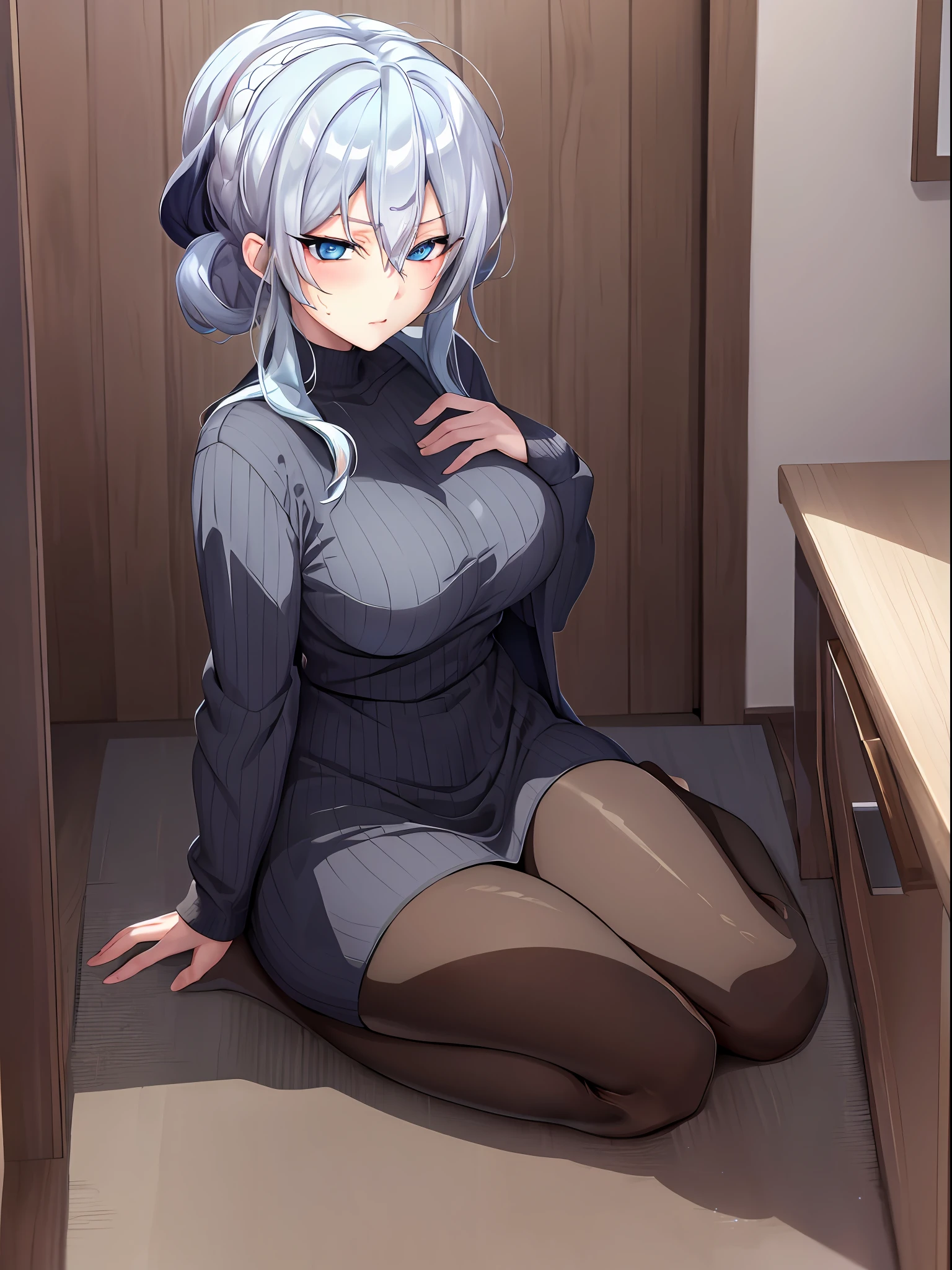 Best quality, 8k, in bed, silver hair and blue eyes, black shirt and no bra, anime visual of a cute girl, screenshot from the anime film, & her expression is solemn, in the anime film, in an anime, anime visual of a young woman, she has a cute expressive face, still from anime, big breast, red cheek, lustful face, fair skin