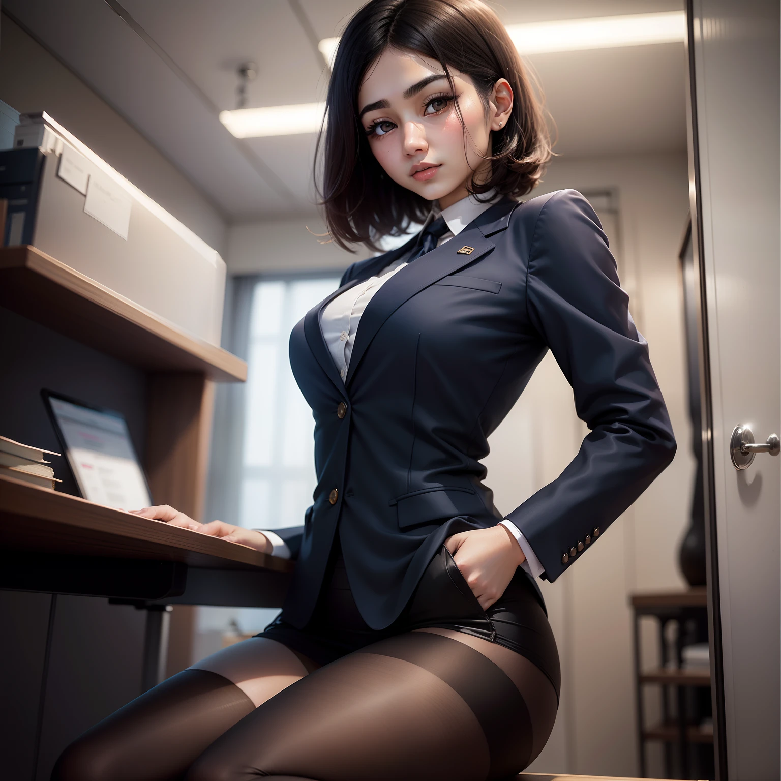 Iranian woman、20yr old、Human skin feel、Realistic Woman、OL、Wear a suit、Stockings、ty、s Office、Solo Shot、short-cut、Soft smile、