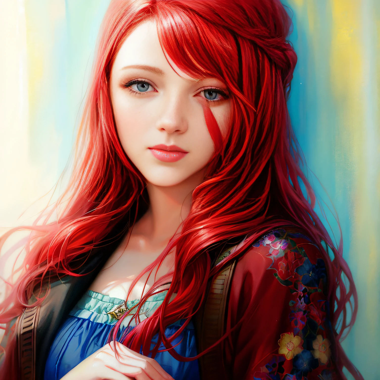 painting of a woman with red hair and a blue dress, author：Tang Xianyun Sundara, pastel style painting, Soft portrait, soft digital painting, pastel artwork, melancholy pastel art, painting of beautiful, pastel art, Pastel painting, Soft coating, soft airbrushed artwork, watercolor digital painting, airbrush digital oil painting, digital art oil painting, Realistic cute girl painting
