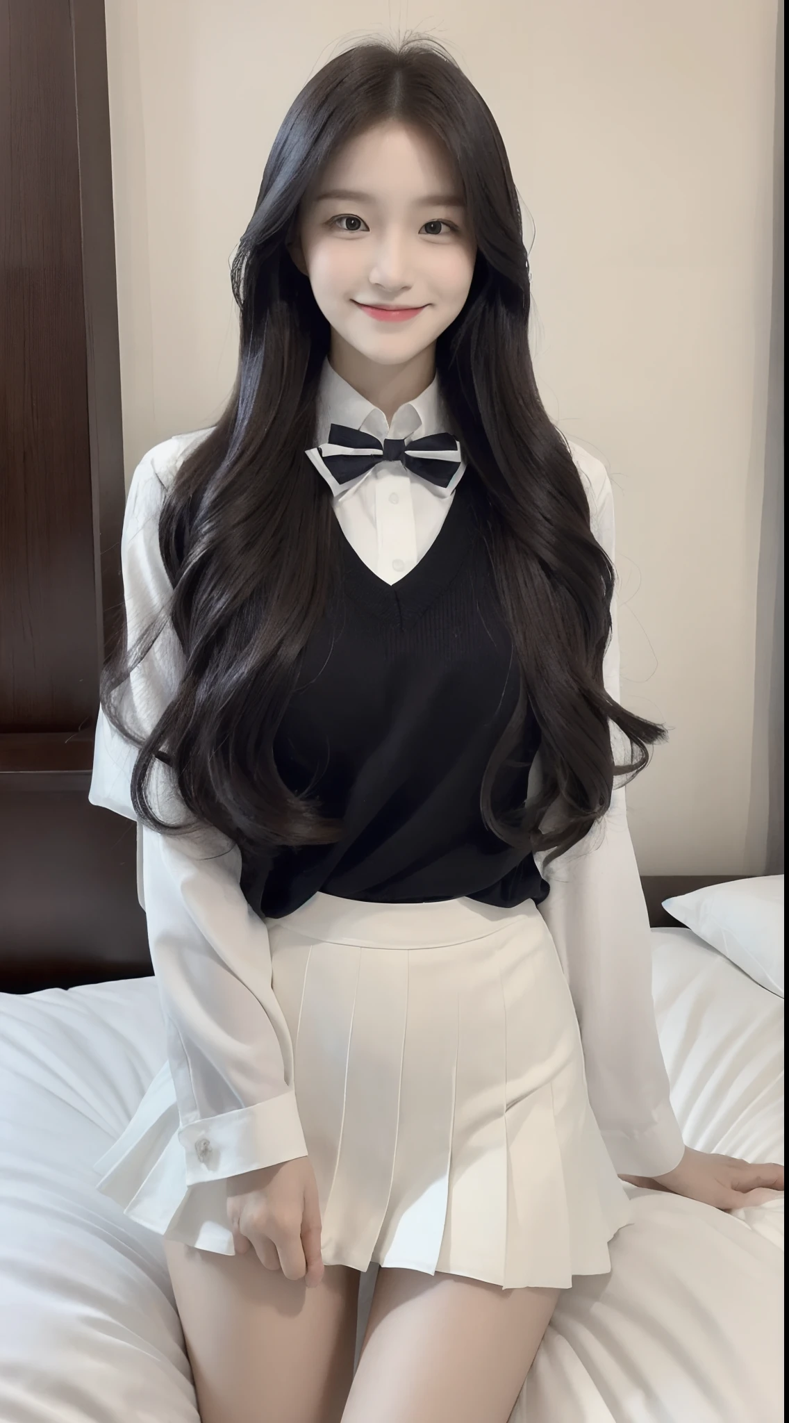 (1 Korean star with royal sister style), ((Best quality, 8K, 巨作: 1.3)), focal point: 1.2, Perfect body proportions: 1.4, (Make a smile), Watery eyes, Highly Detailed Face and Skin Textur, Fine eyes, Double eyelids, Whitens the skin, (Shawl straight hair: 1.3), (face round: 1.5), (JK school uniform: 1.4), (JK style:1.4),(Girls' bedroom:1.3)(sit on a bed:1.3),(with perfect legs:1.3)